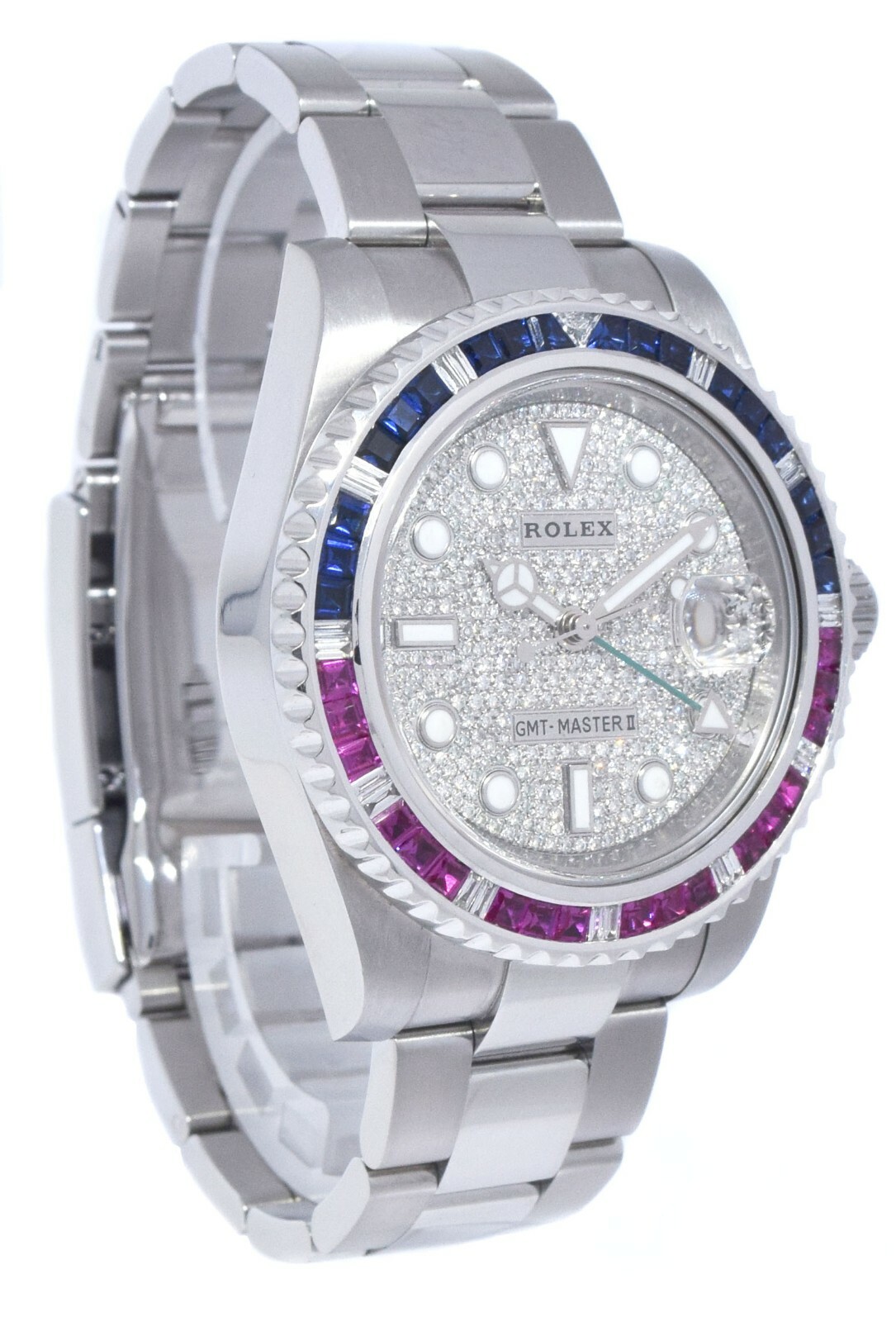 Rolex GMT-Master II Steel Diamond Dial Ruby/Sapphire Bezel 40mm Watch 116710