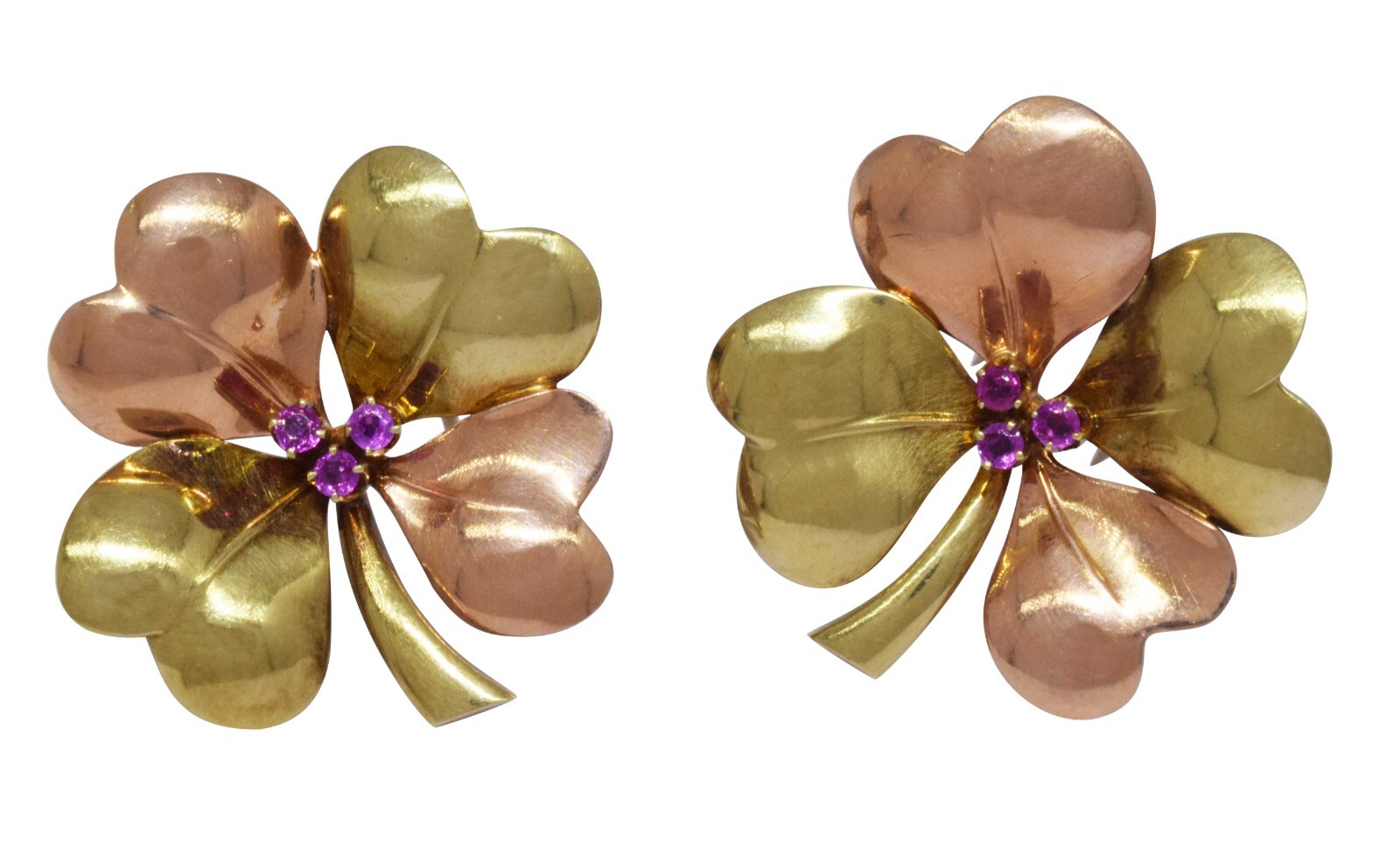Tiffany Vintage 14k Rose & Yellow Gold & Ruby Clover  Clip Set