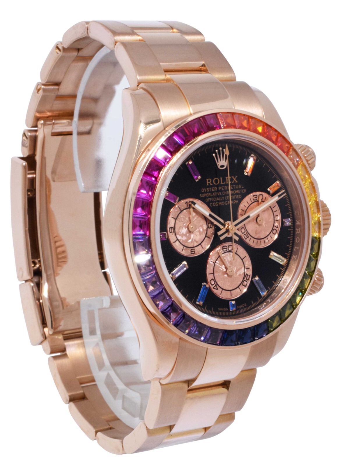 Rolex Daytona 18k Rose Gold Rainbow Bezel Black Dial Mens 40mm Watch B/P 116505
