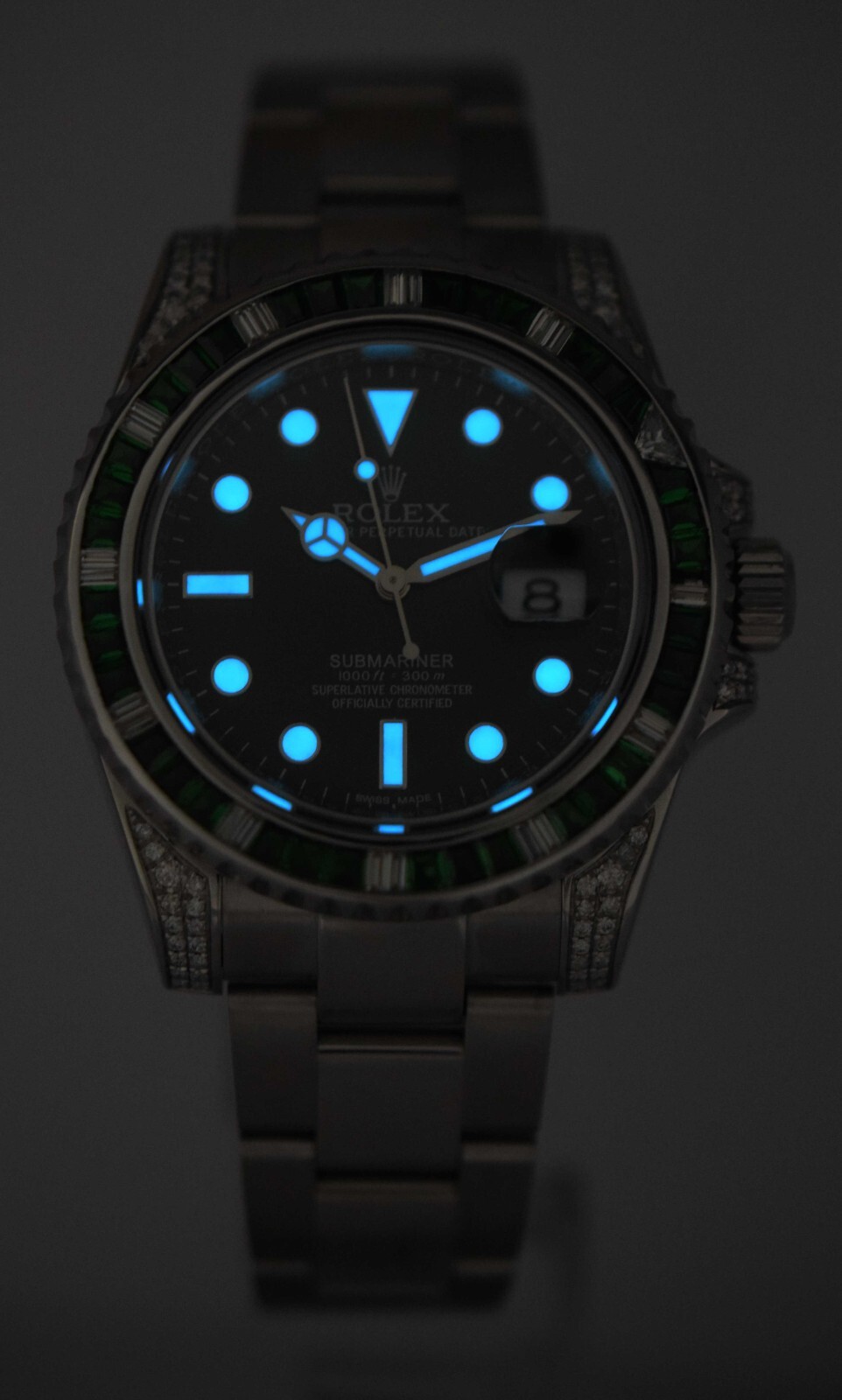 Rolex Submariner Date Steel Green Stones & Diamond 40mm Watch 116610