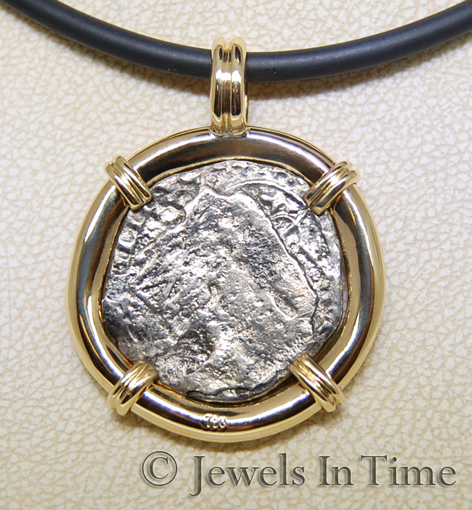 Antique Silver Coin Necklace in 18k Yellow Gold with 15'' Rubber Cord