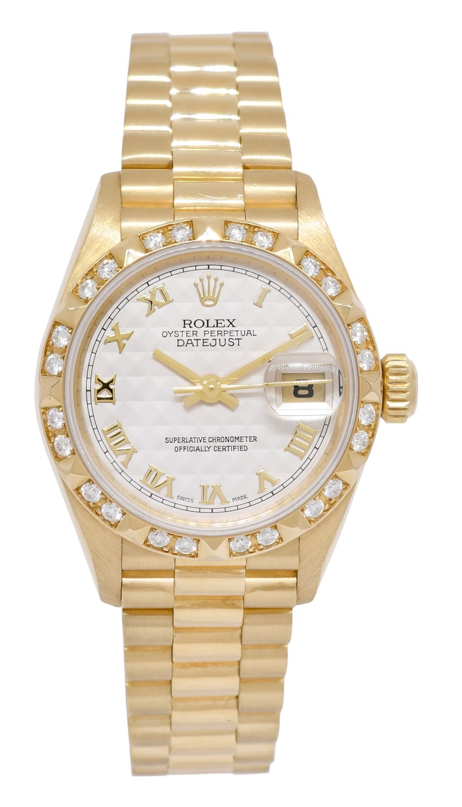 Rolex Datejust President 18k Yellow Gold Pyramid Diamond 26mm Watch B/P T 69258