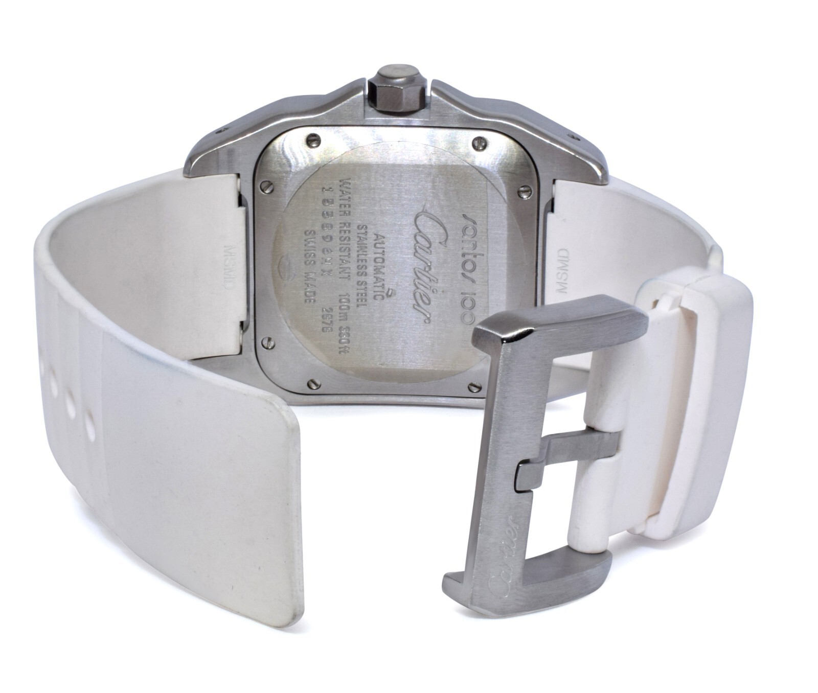Cartier Santos 100 Medium Steel White Rubber Automatic Watch W20122U2 2878