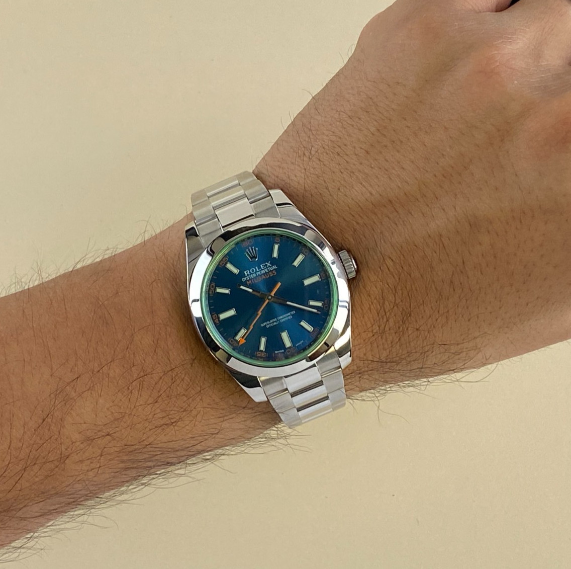 Rolex Milgauss Steel Blue Dial Green Crystal Mens 40mm Watch +12 116400