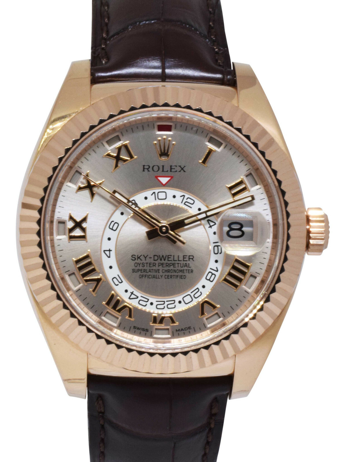 Rolex Sky-Dweller 18k Everose Gold Sundust Roman Dial Mens 42mm GMT Watch 326135