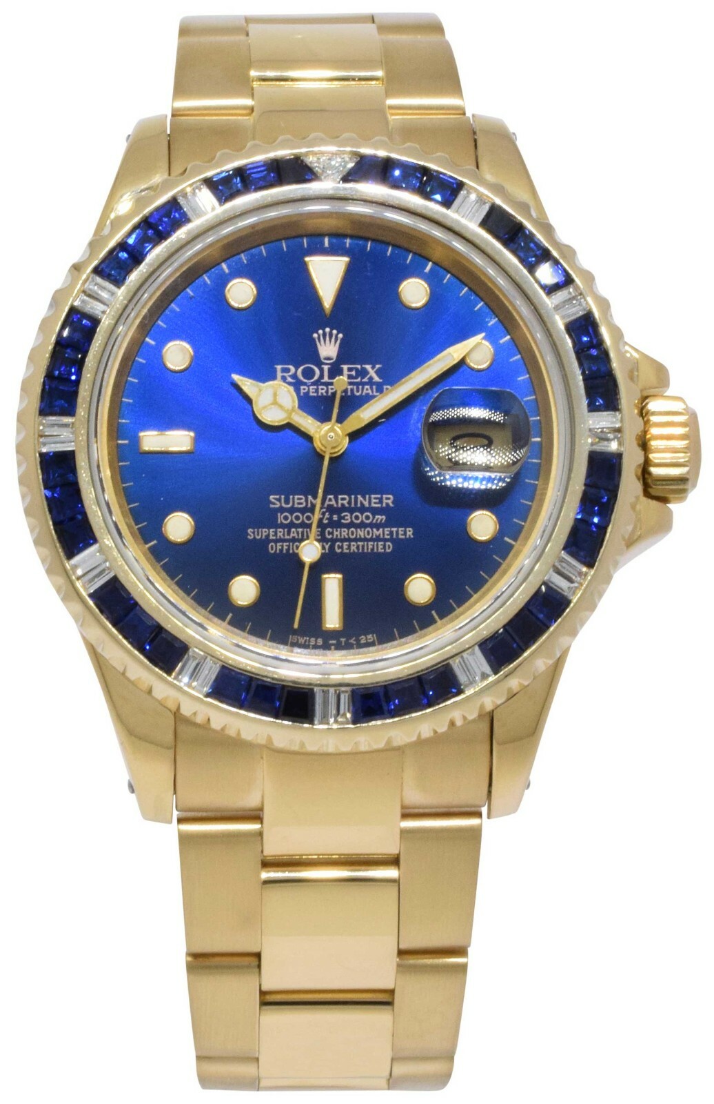 Rolex Submariner Date 18k Yellow Gold Blue Sapphire/Diamond 40mm Watch 16808