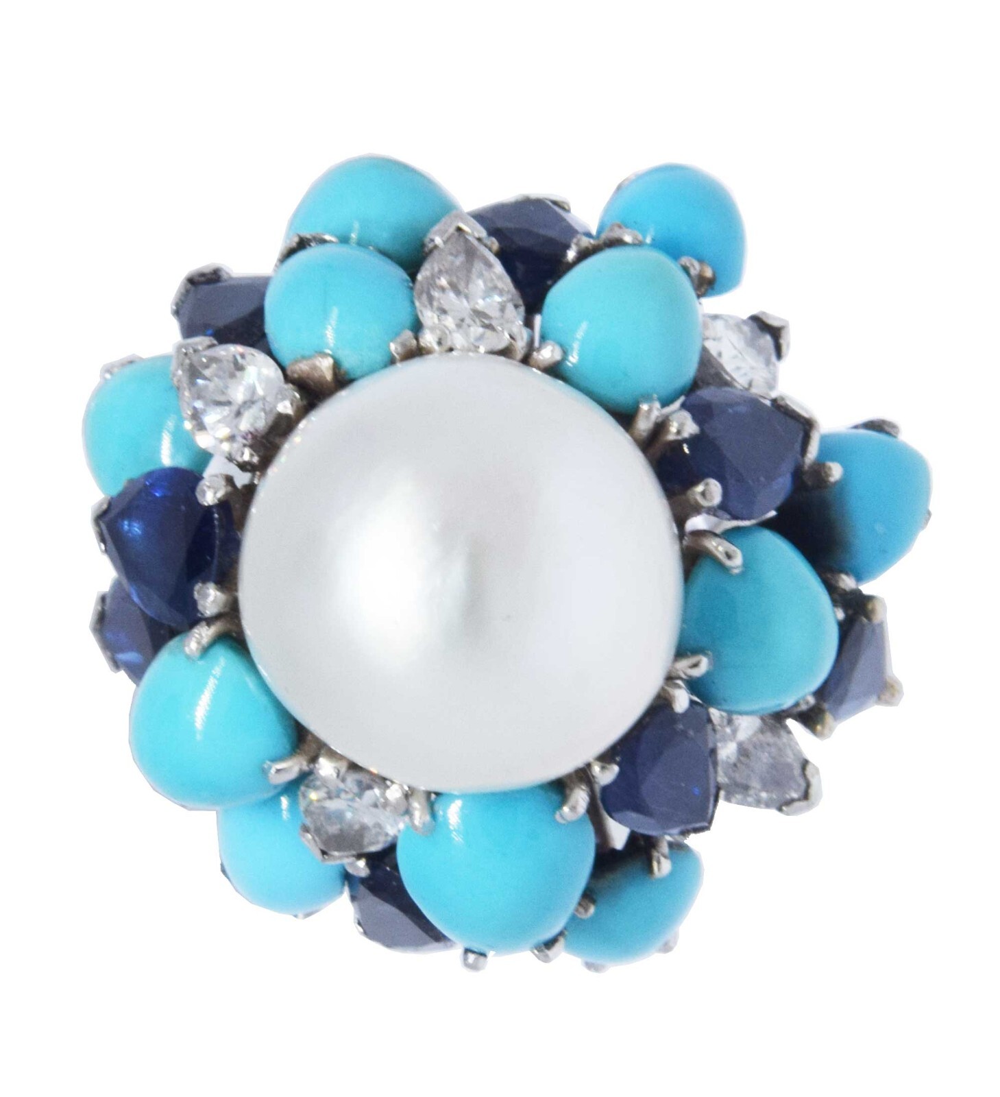Pearl & Diamond & Sapphire & Turquoise Ring in 18k White Gold Ladies 6.5