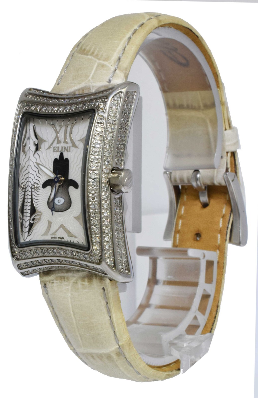 Elini Nazar Lucky Hand Hamsa Steel Diamond Ladies Quartz Watch on Leather Strap
