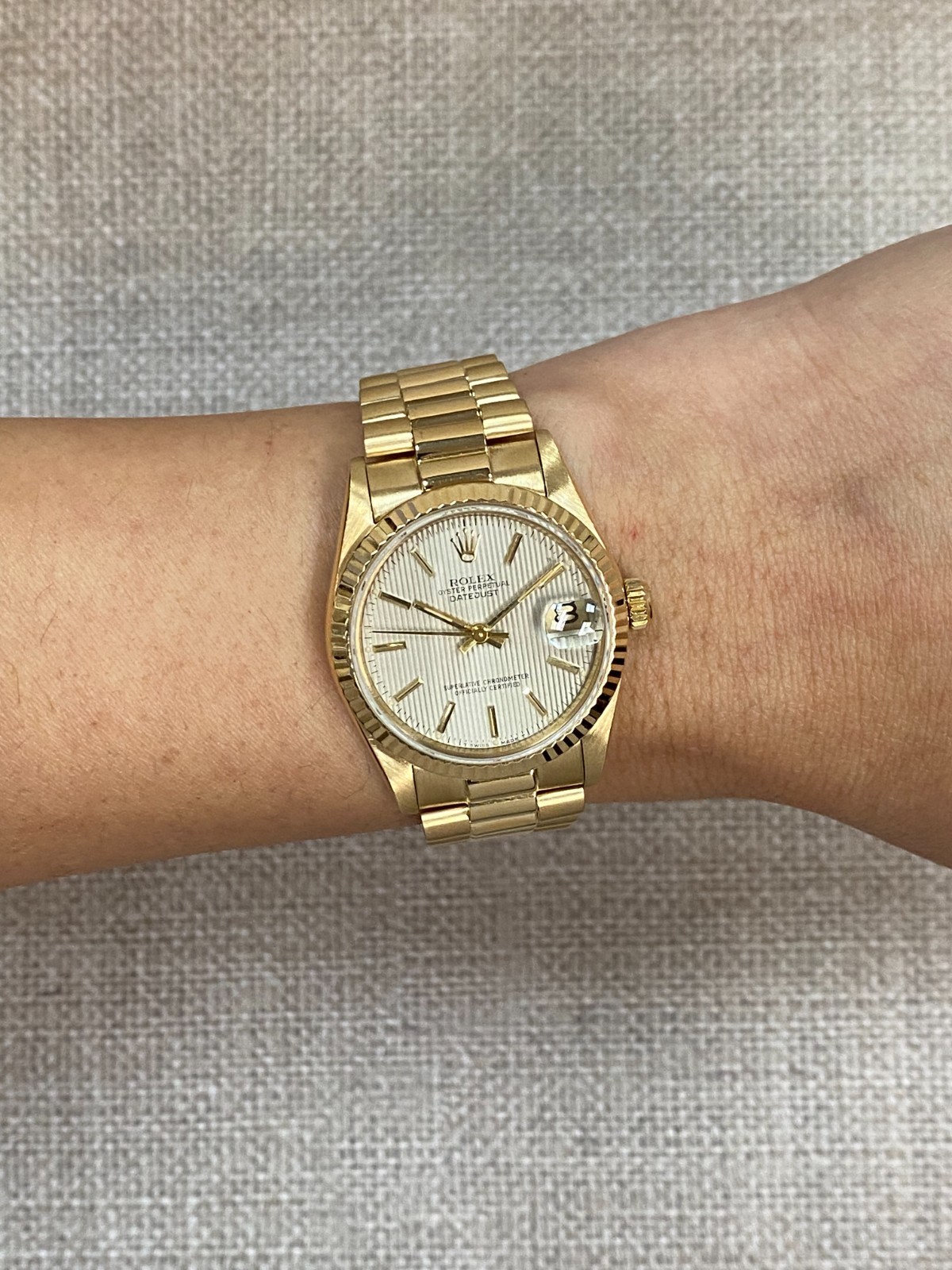 Rolex Datejust President 18k Yellow Gold Silver Tapestry 31mm Watch '84 68278