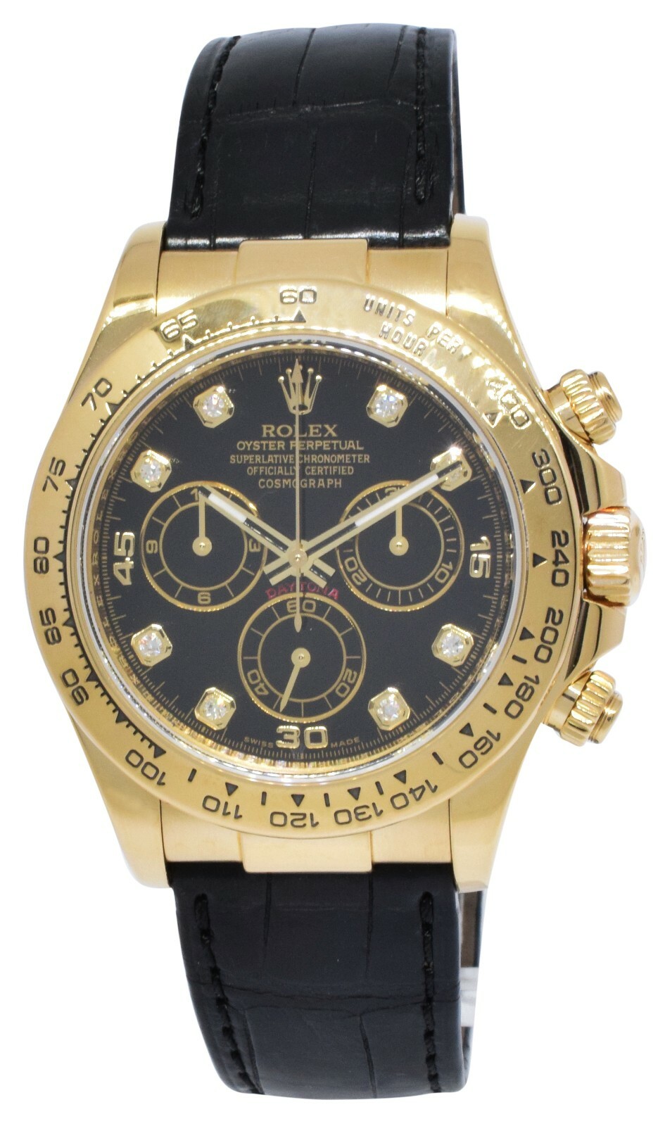 Rolex Daytona Chronograph 18k Yellow Gold Black Diamond Dial Watch B/P Z 116518
