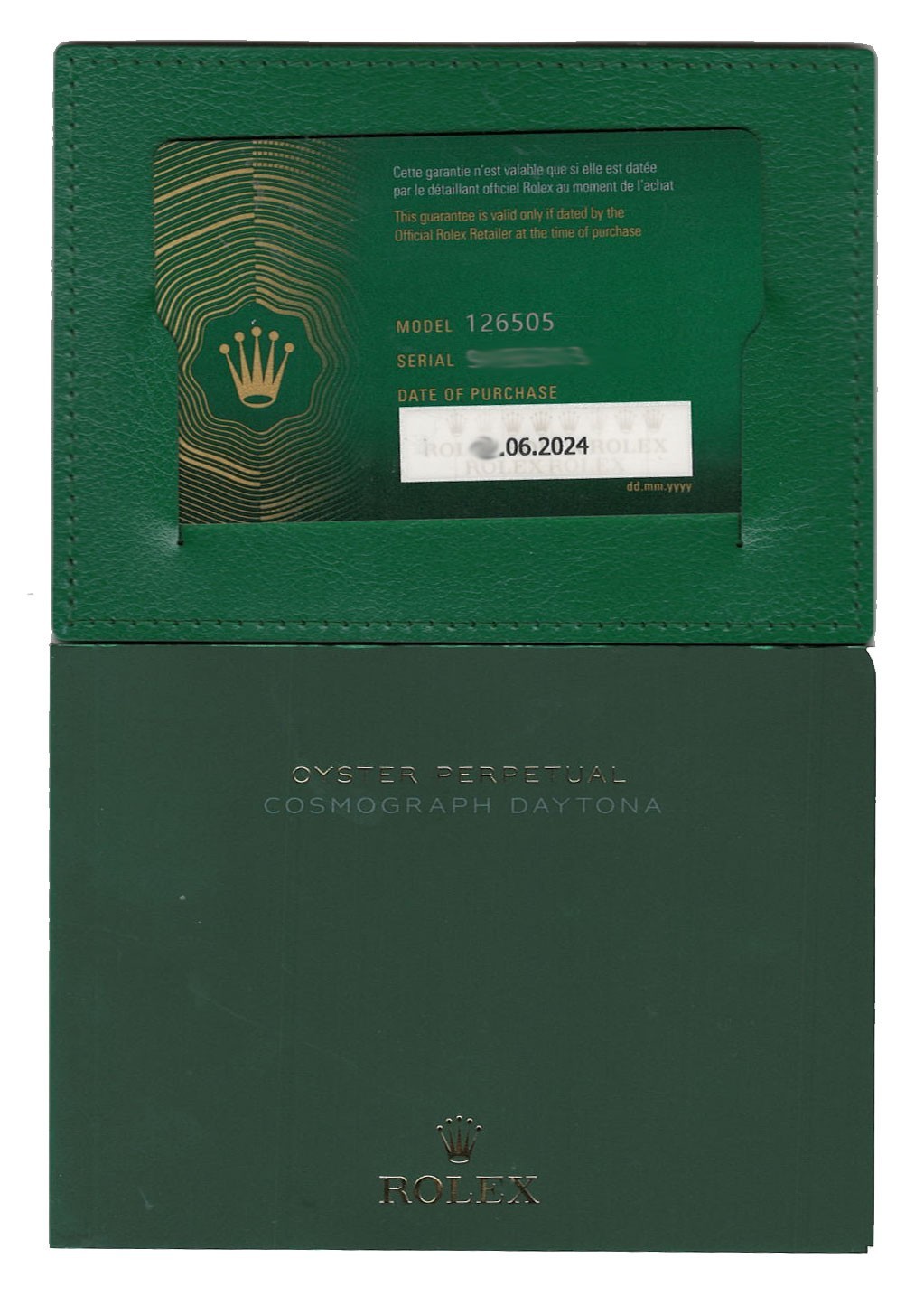 NOS Rolex Daytona 18k Rose Gold Black/Sundust Diamond Dial Watch B/P '24 126505