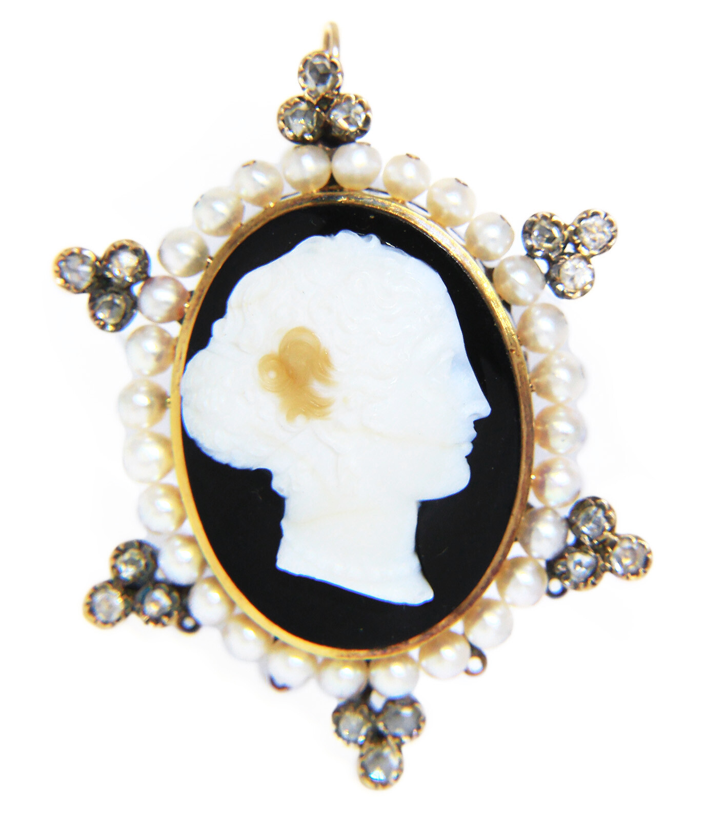 Old Mine Cut Diamonds & Pearls 14k Yellow Gold Cameo Brooch