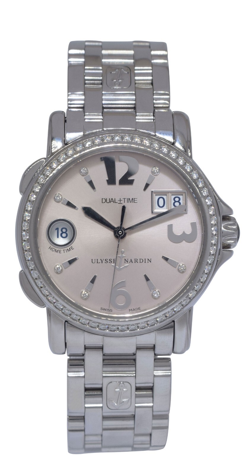Ulysse Nardin Dual Time Steel Pink Dial & Diamond Ladies 37mm Watch B/P 223-22