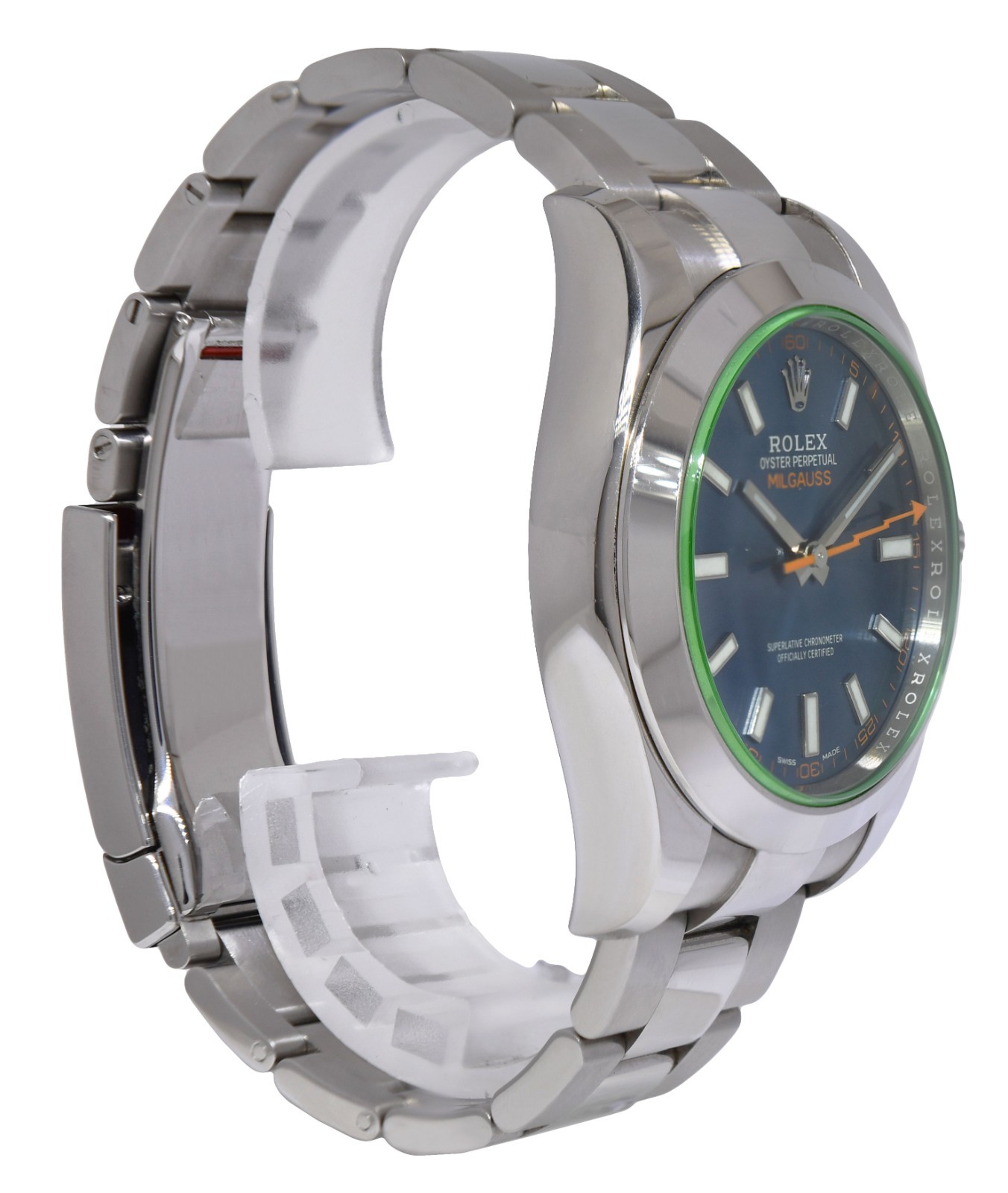 Rolex Milgauss Steel Blue Dial Green Crystal Mens 40mm Watch +12 116400