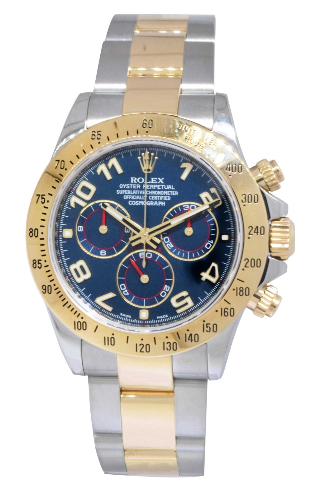 Rolex Daytona Chronograph 18k Yellow Gold/Steel Blue Dial Mens 40mm Watch 116523
