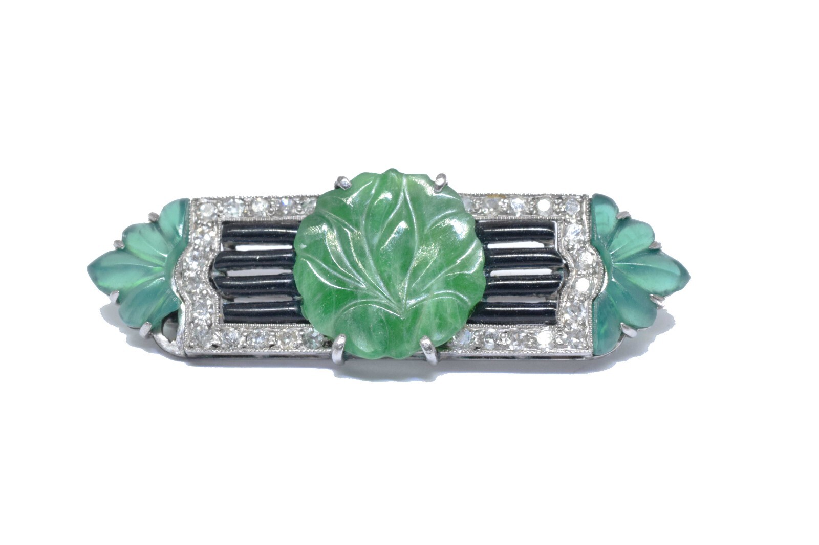 18K White Gold Vintage Diamond & Carved Emerald Pin 18K White Gold Vintage Diamond & Carved Emerald Pin