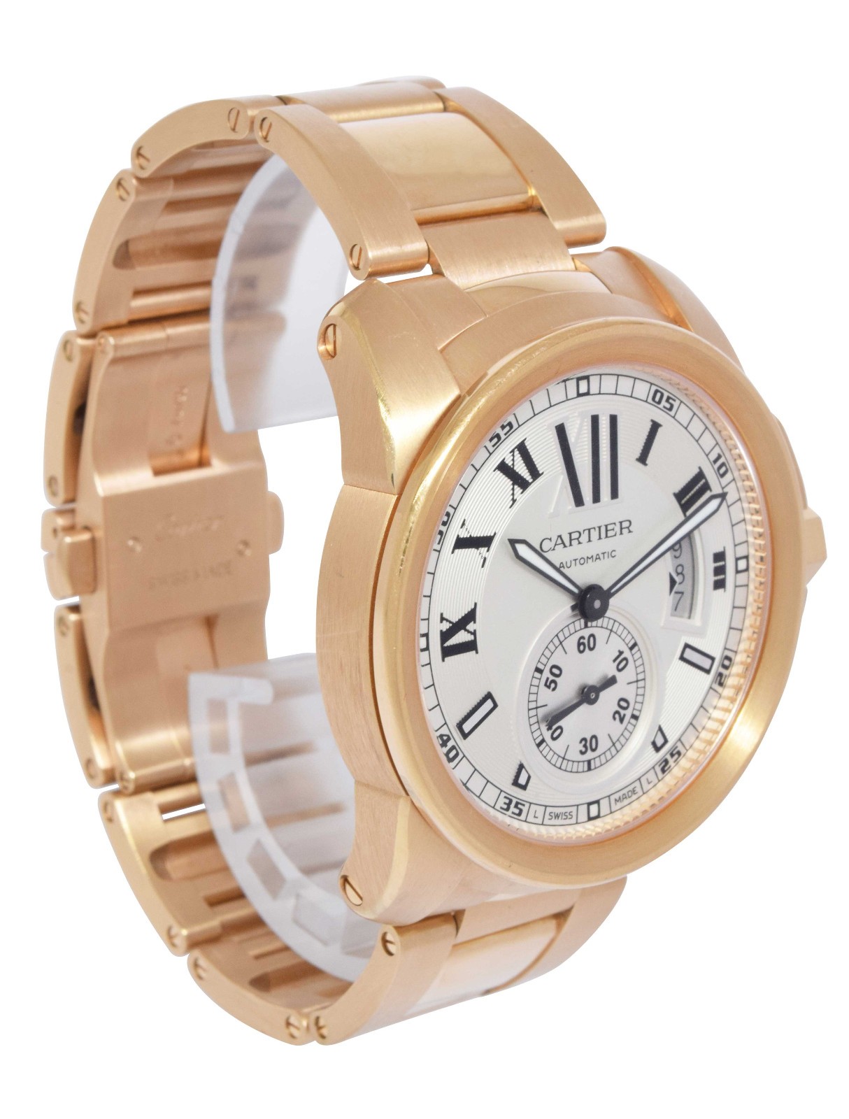 Cartier Calibre 18k Rose Gold Silver Dial Mens 42mm Watch +Box W7100018 3300