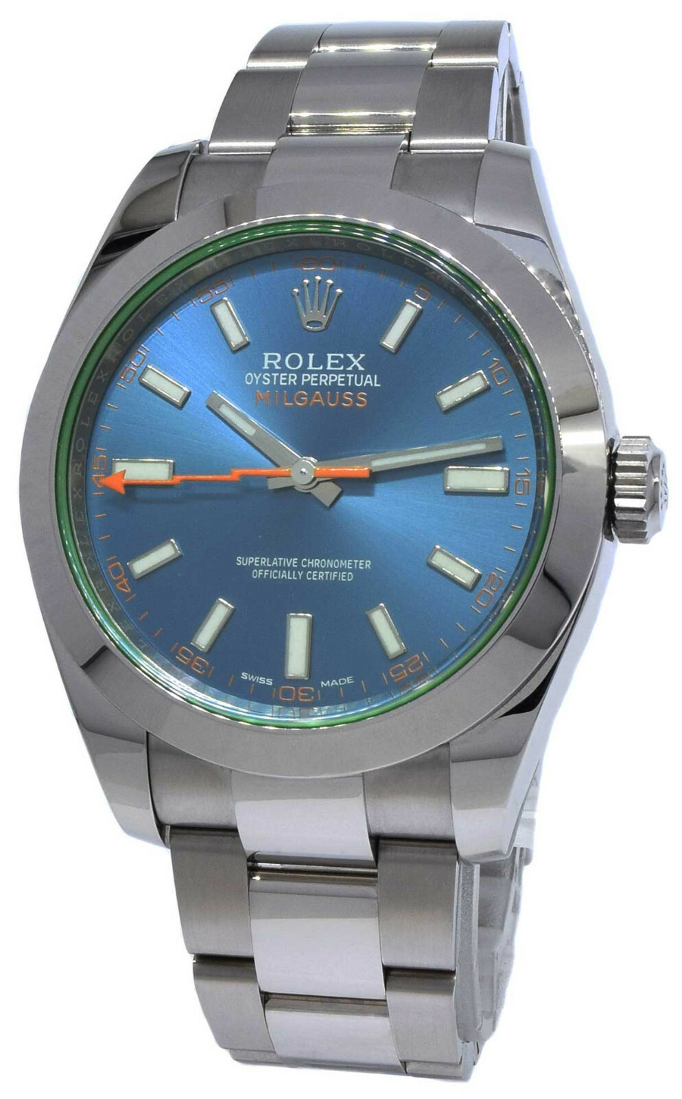 Rolex Milgauss Steel Blue Dial Green Crystal Mens 40mm Watch +Card '21 116400