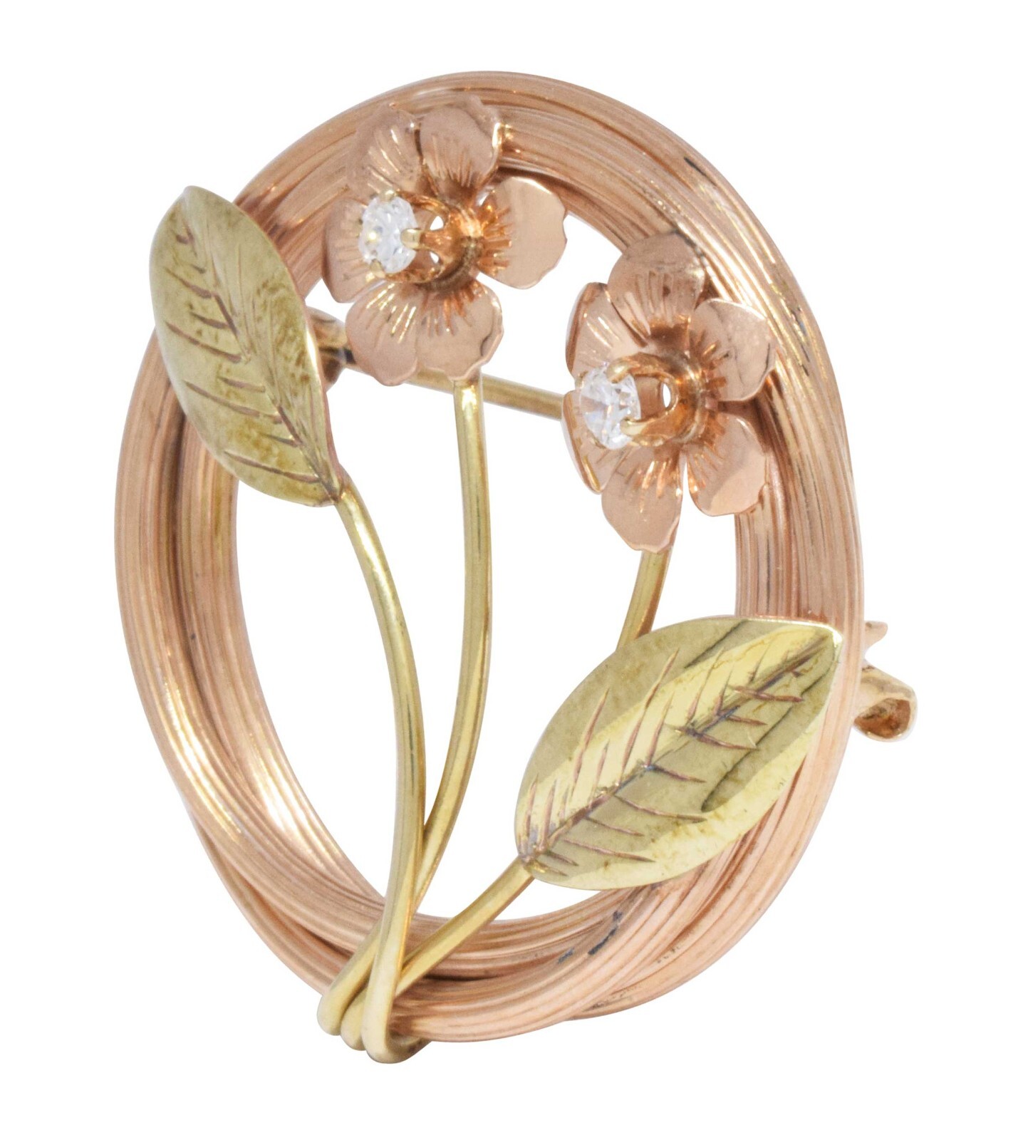 14k Rose & Green Gold & Diamond Floral Pin