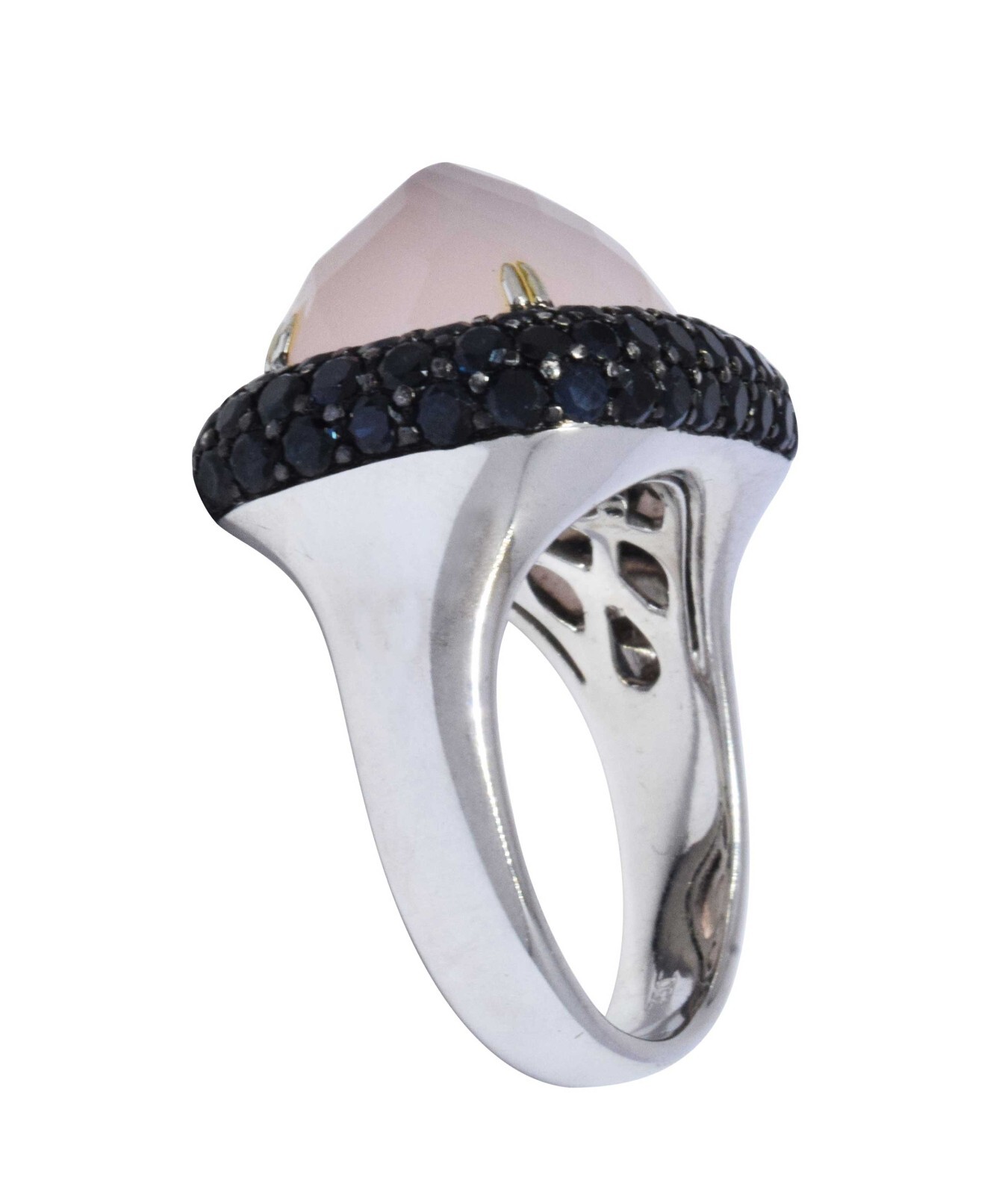 Black Diamond & Rose Quartz 18k White Gold Ladies Ring Size 7