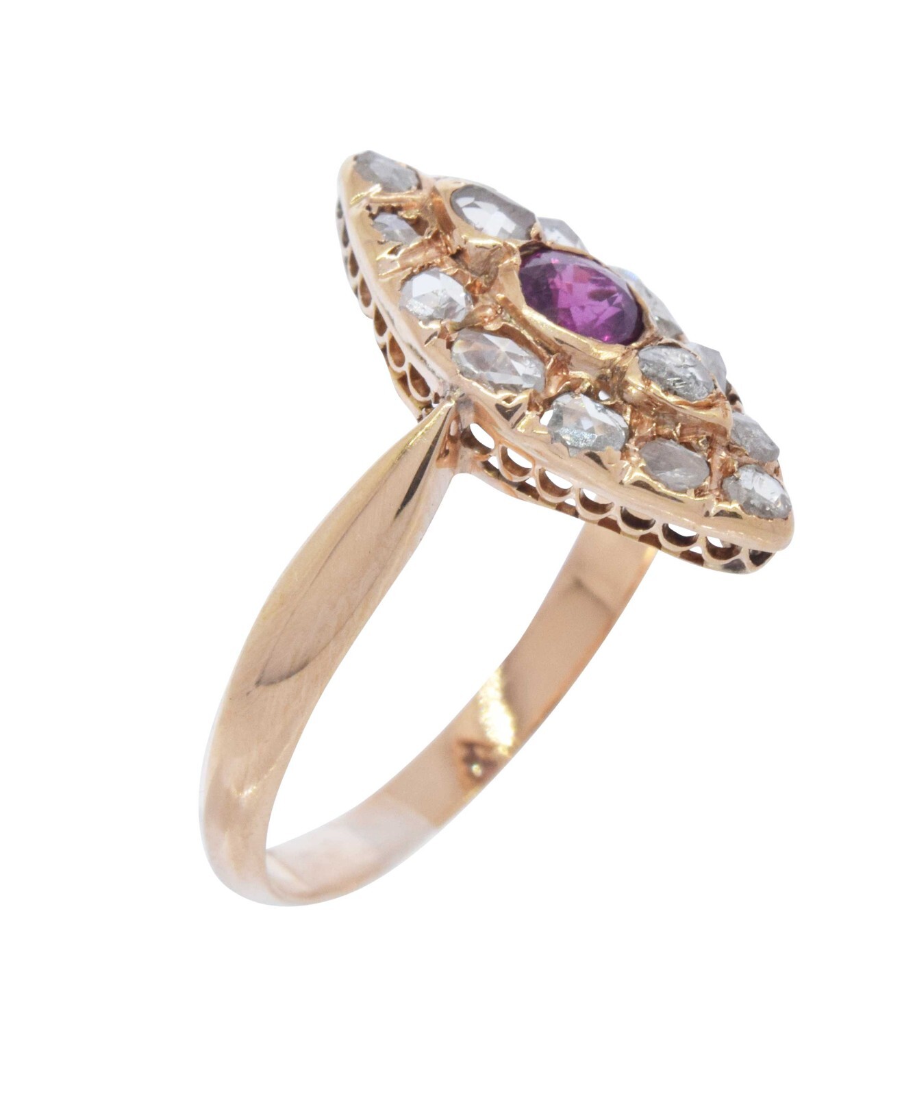 Diamond & Ruby Marquise Shape Ladies Vintage Ring in 14k Rose Gold