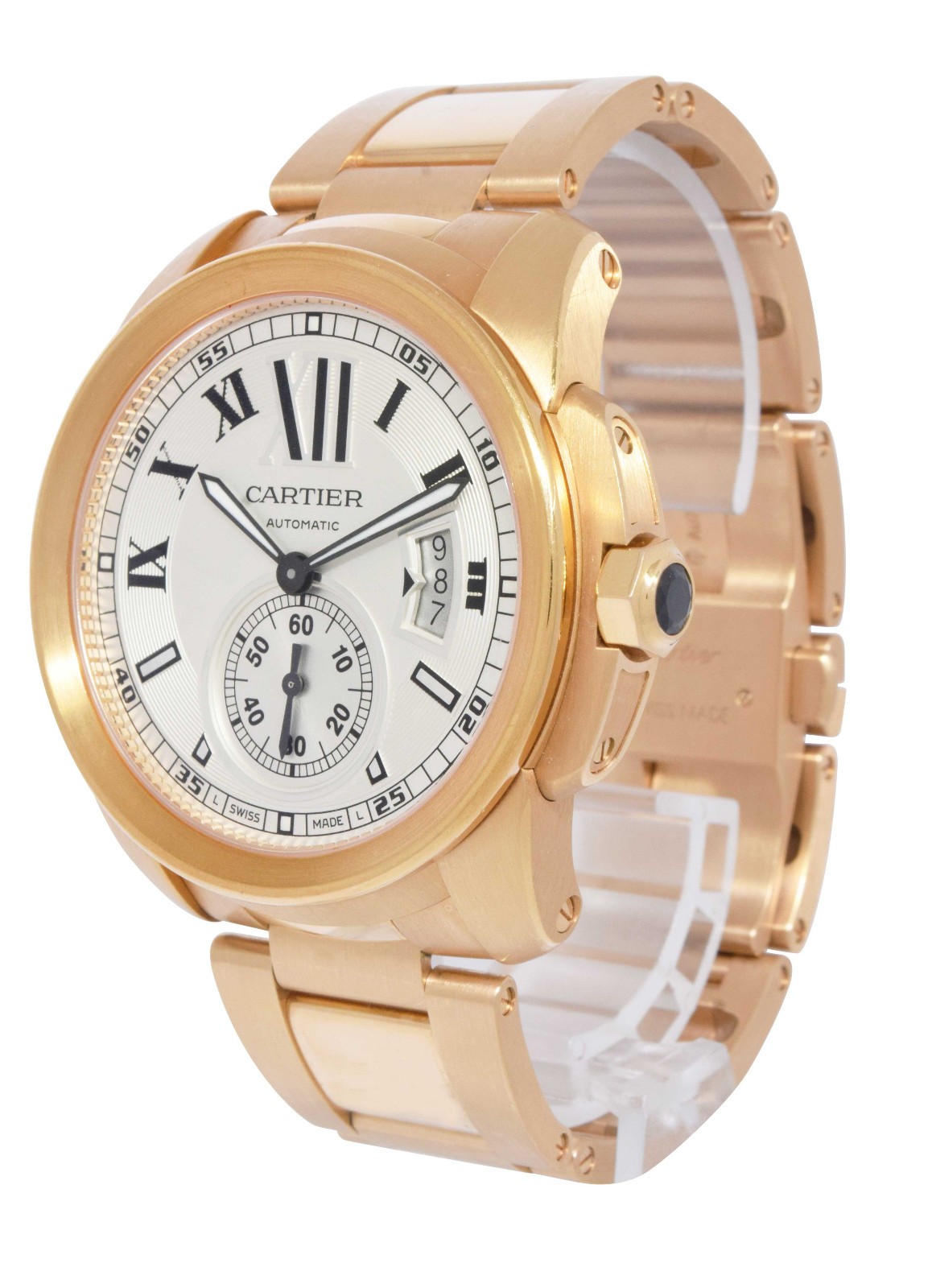 Cartier Calibre 18k Rose Gold Silver Dial Mens 42mm Watch +Box W7100018 3300