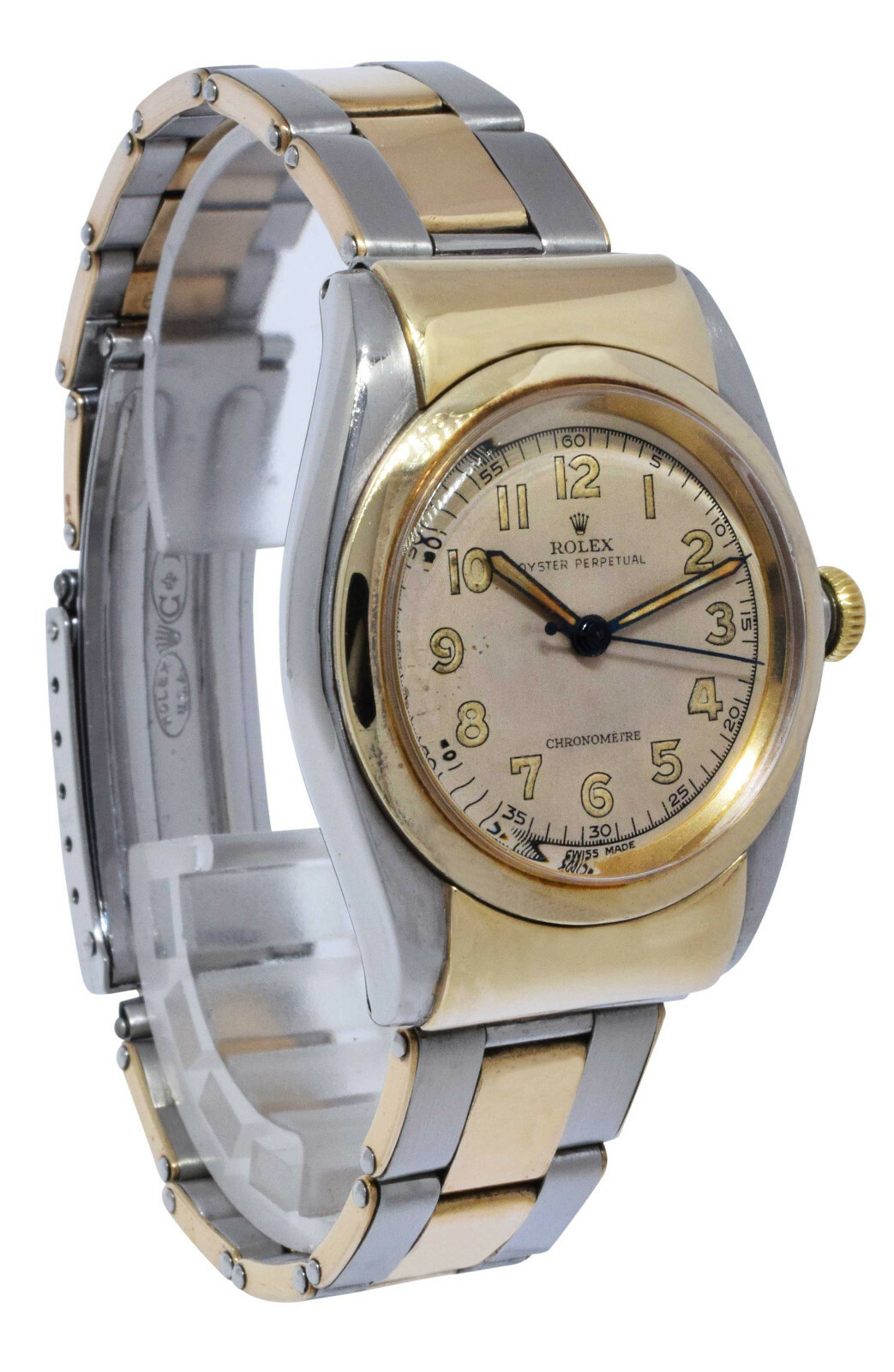 Rolex Vintage 1940's Hooded Bubbleback 14k Gold & Steel Mens Watch & Box 3065