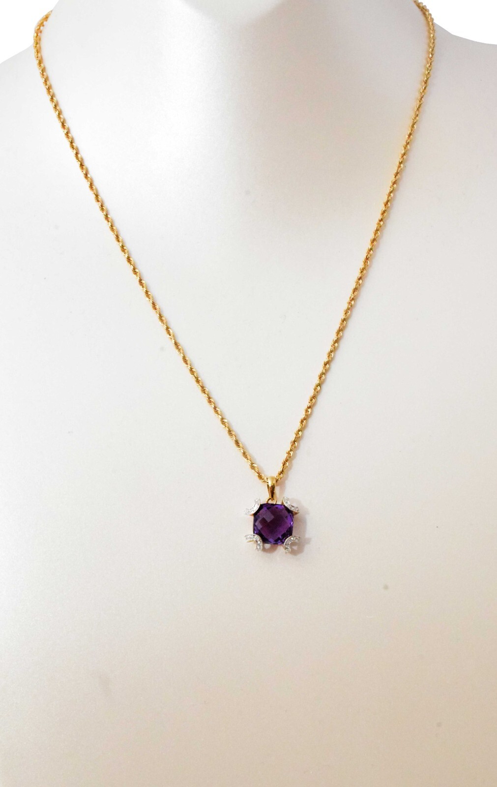 Ladies Necklace 14k Yellow Gold Diamonds & Amethyst 18.5 inch Chain