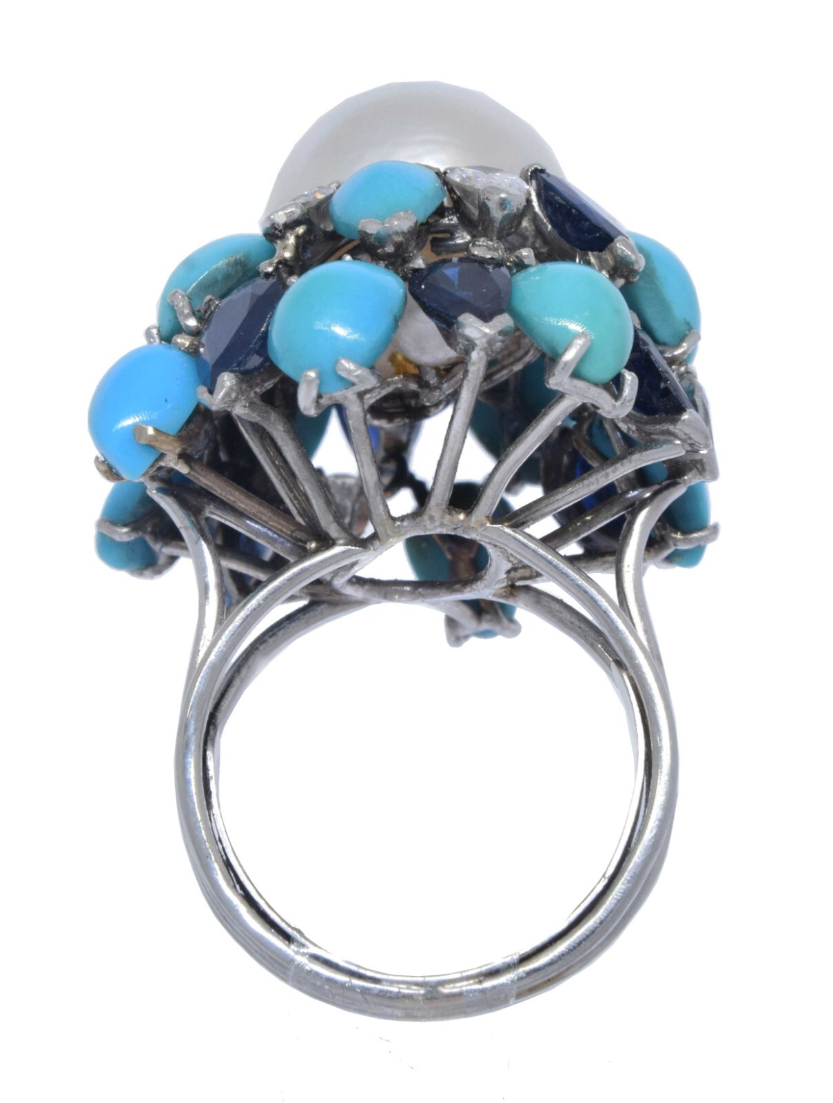 Pearl & Diamond & Sapphire & Turquoise Ring in 18k White Gold Ladies 6.5
