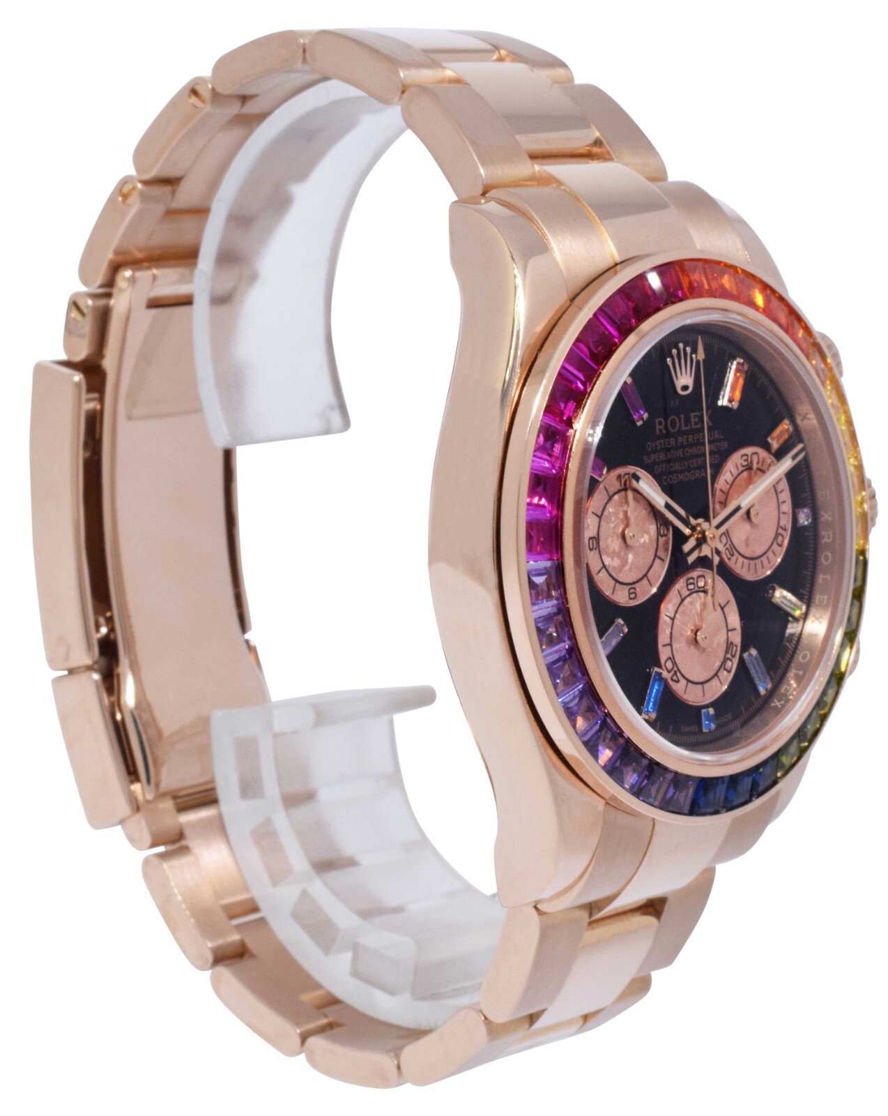 Rolex Daytona 18k Rose Gold Rainbow Bezel Black Dial Mens 40mm Watch B/P 116505