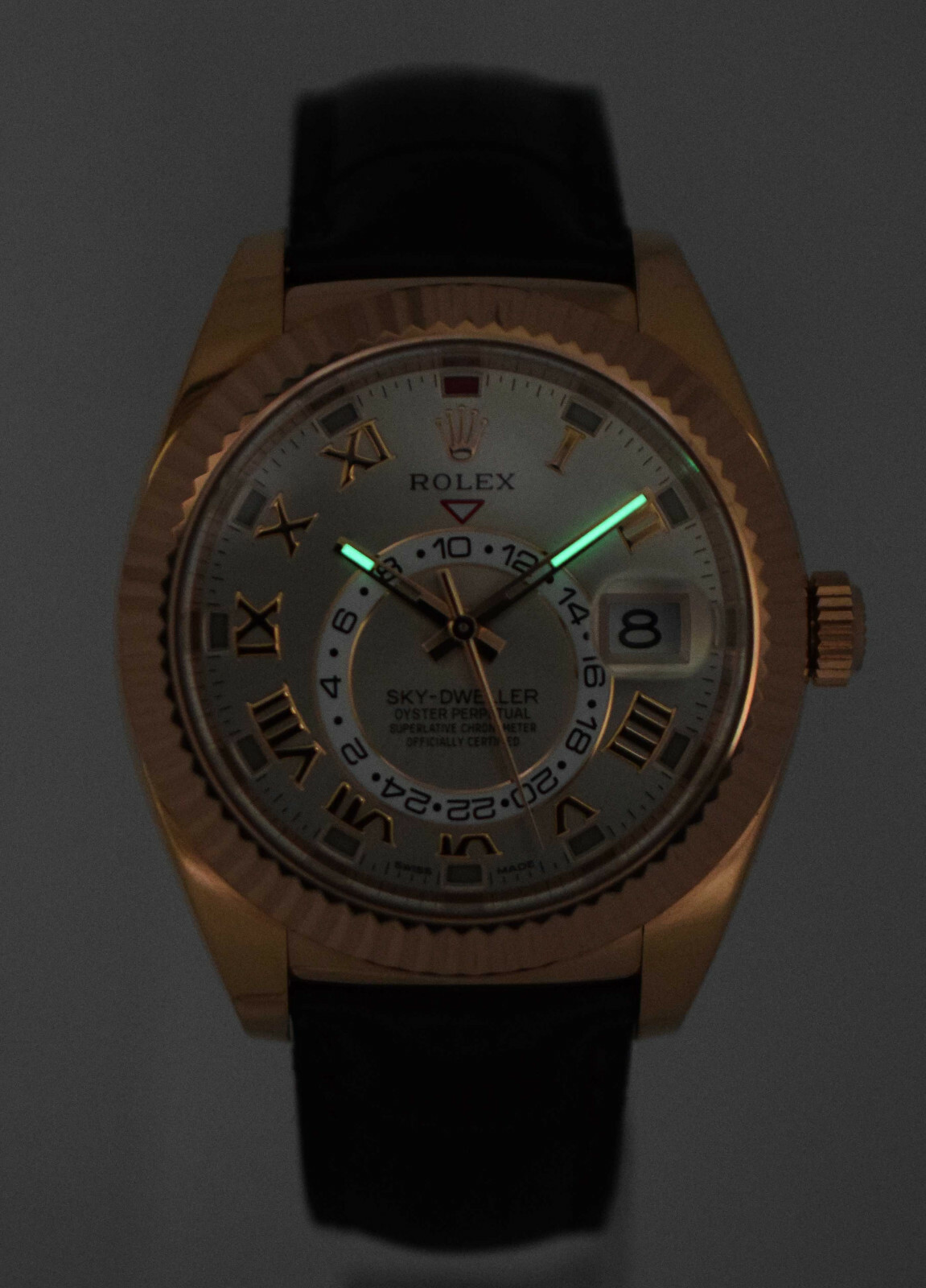 Rolex Sky-Dweller 18k Everose Gold Sundust Roman Dial Mens 42mm GMT Watch 326135