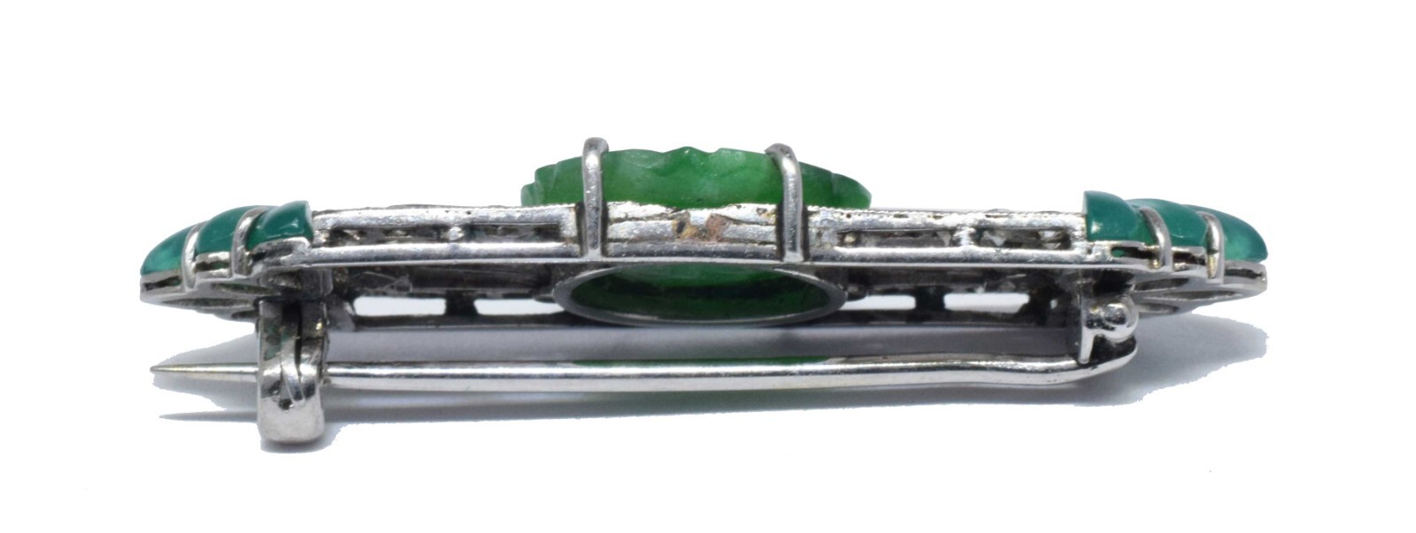 18K White Gold Vintage Diamond & Carved Emerald Pin