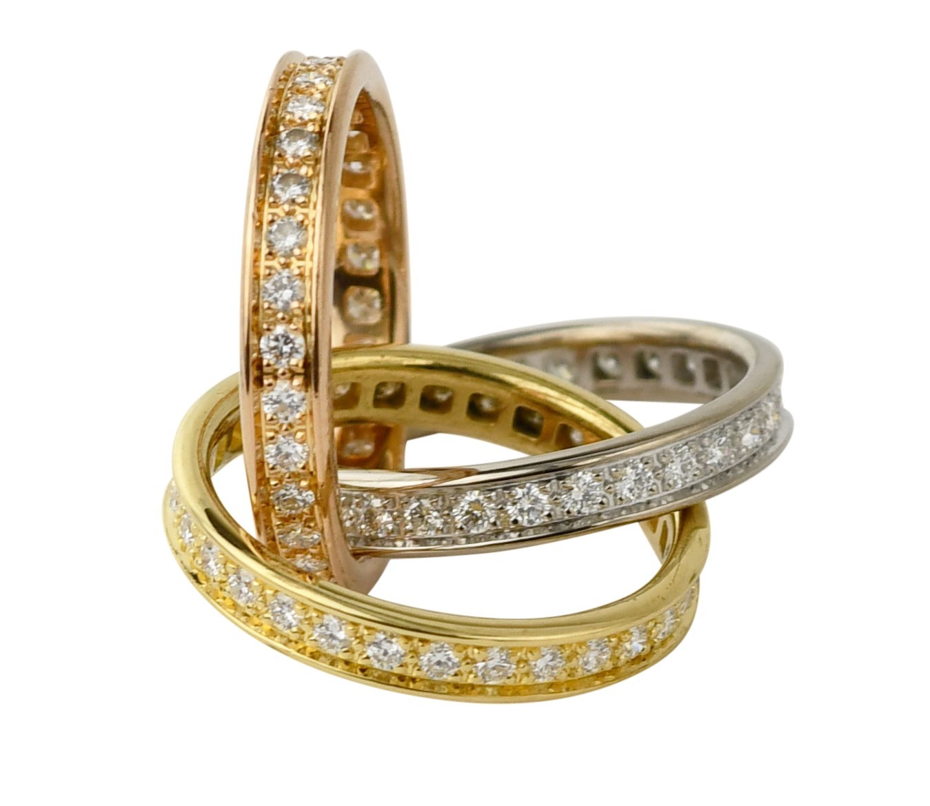 Cartier Trinity Pave Diamond Tri-Color 18k White Yellow & Rose Gold Ring Size 49