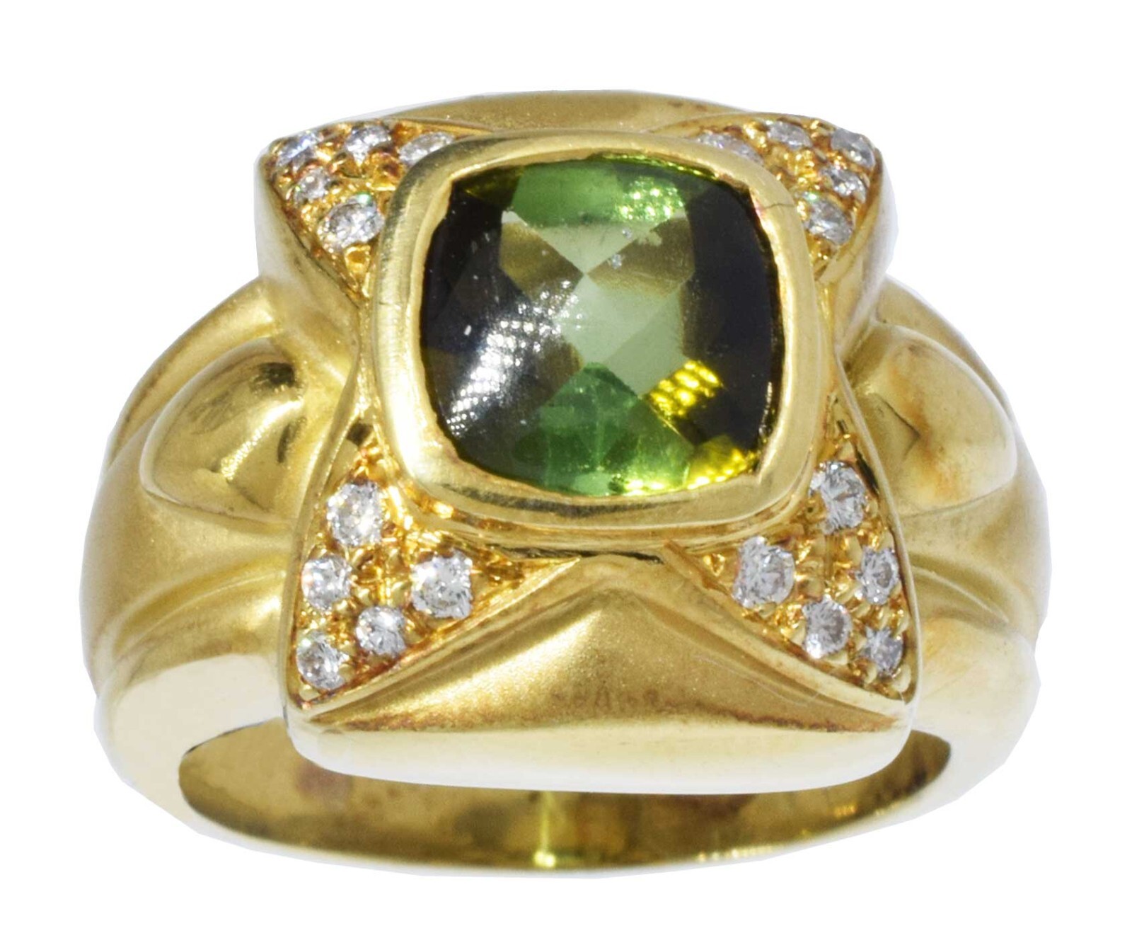 Kimberlee Teti 18k Yellow Gold Green Cabochon Tourmaline & Diamond Ring Size 7.5