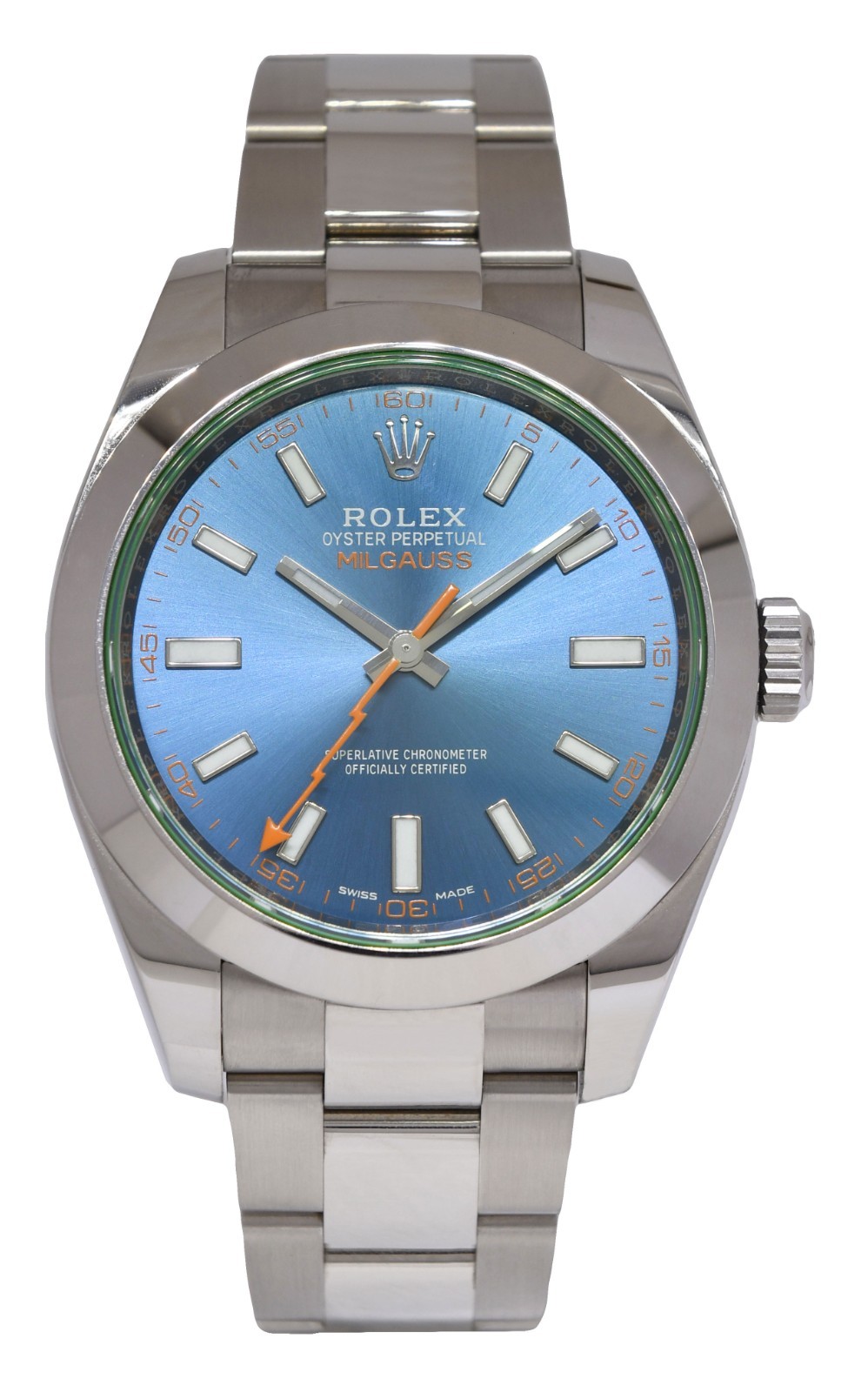 Rolex Milgauss Steel Blue Dial Green Crystal Mens 40mm Watch +12 116400