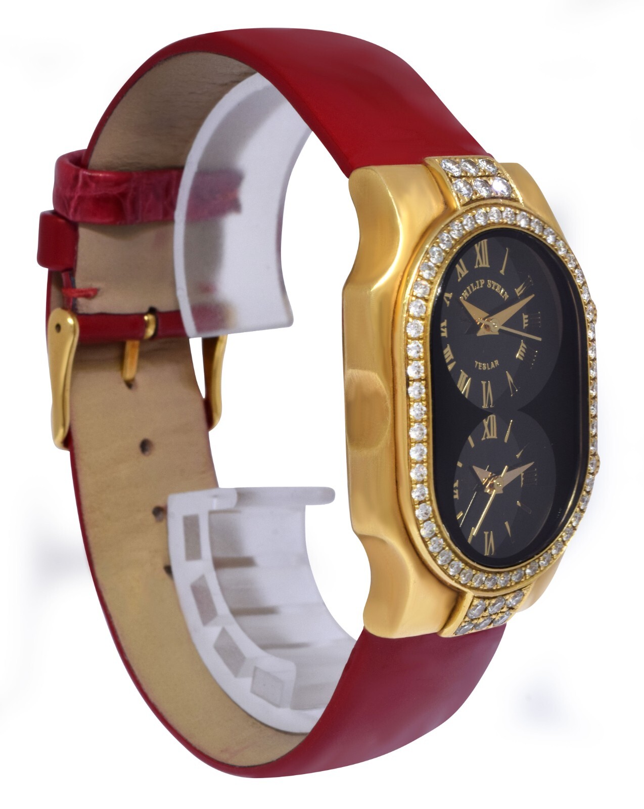 Philip Stein Teslar Dual Time 18k Yellow Gold Diamond Bezel 27mm Quartz Watch