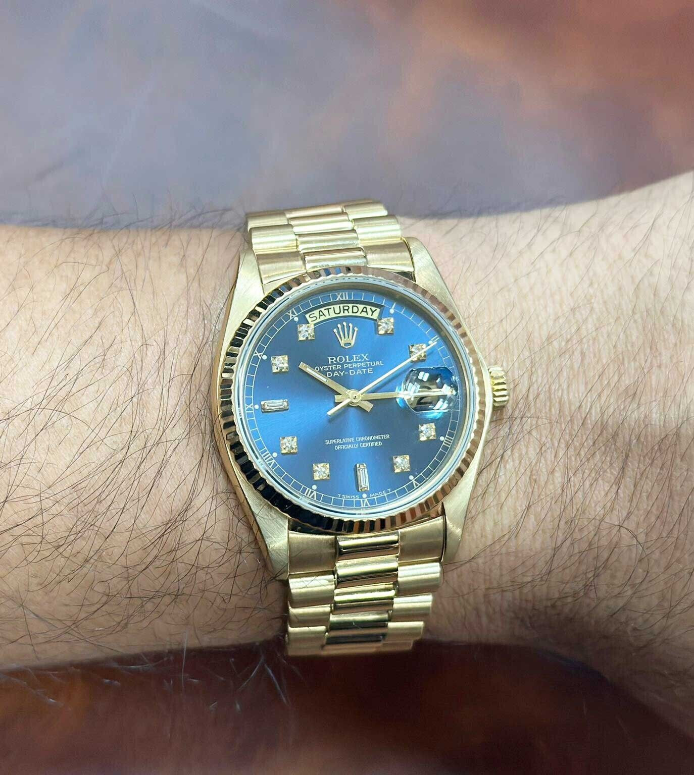 Rolex Day-Date President 18k Yellow Gold Blue Diamond Dial 36mm Watch '79 18038