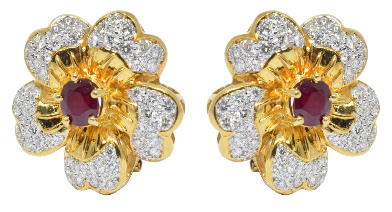 18k Yellow Gold Flower Earrings 4.00 ct Diamond Ruby 3.00 ct