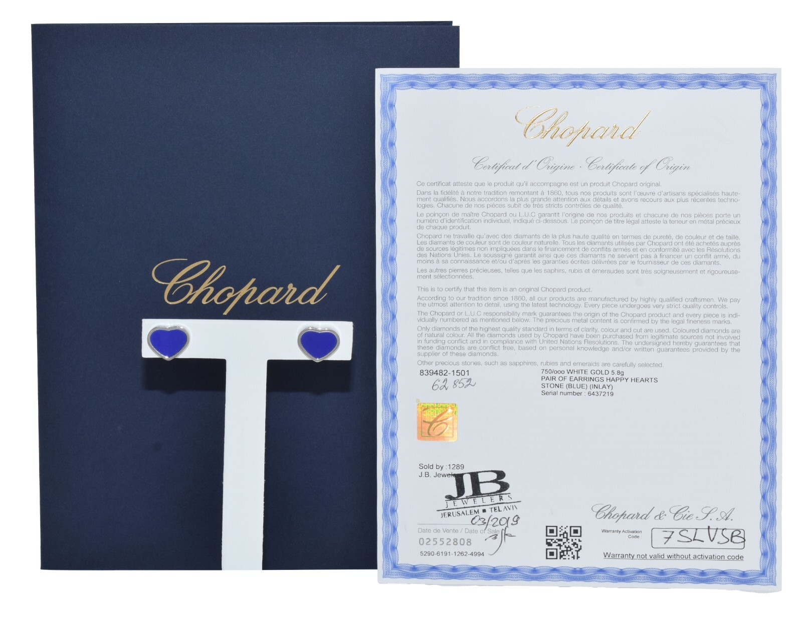 Chopard Happy Hearts Lapis Lazuli 18k White Gold Earrings +Certificate 839482