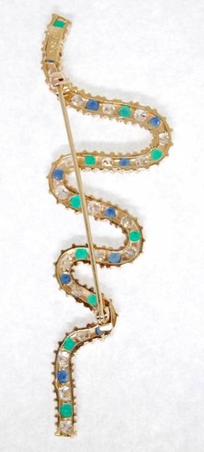 Ladies Diamond, Emerald & Sapphire 18k Yellow Gold Squiggle Brooch