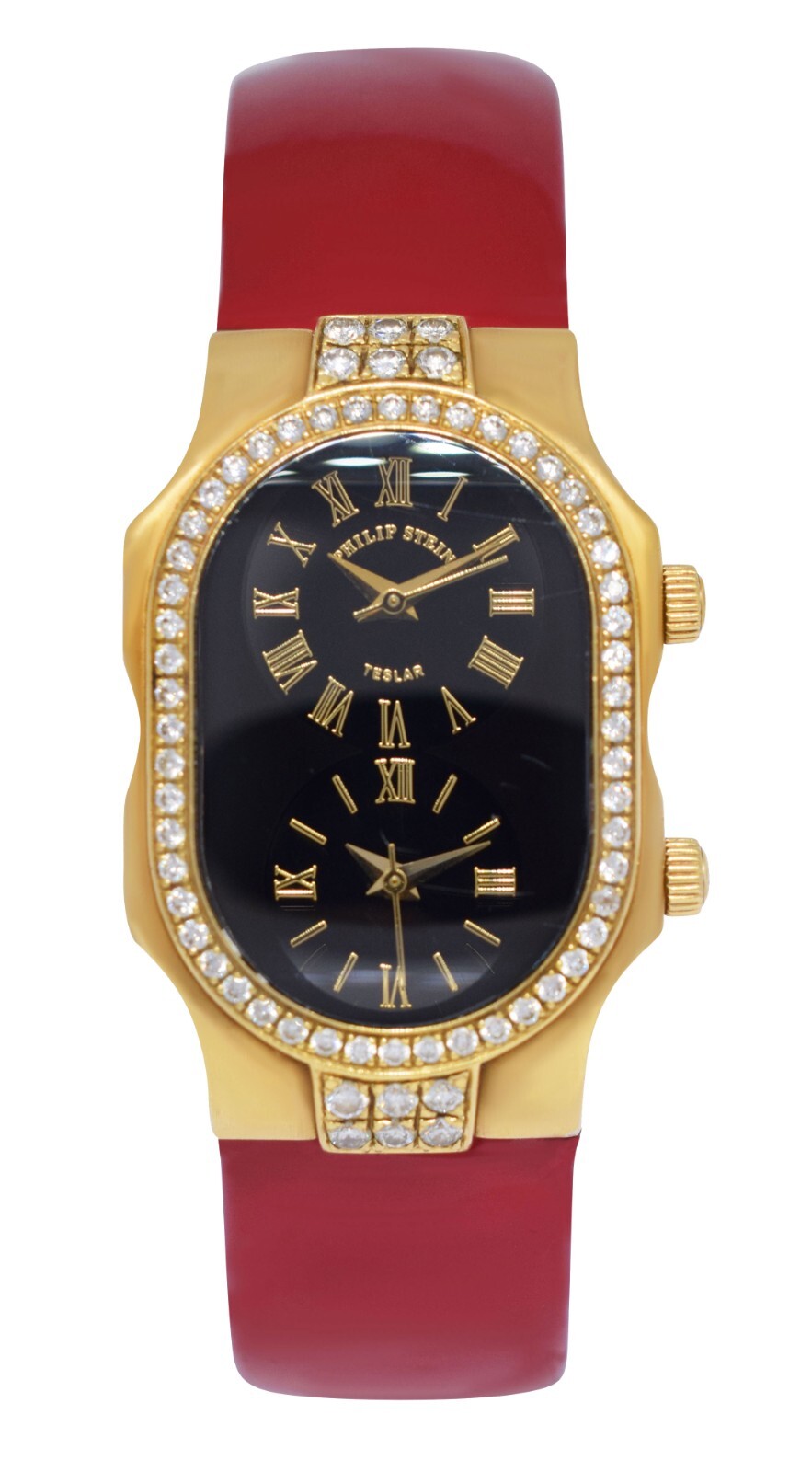 Philip Stein Teslar Dual Time 18k Yellow Gold Diamond Bezel 27mm Quartz Watch