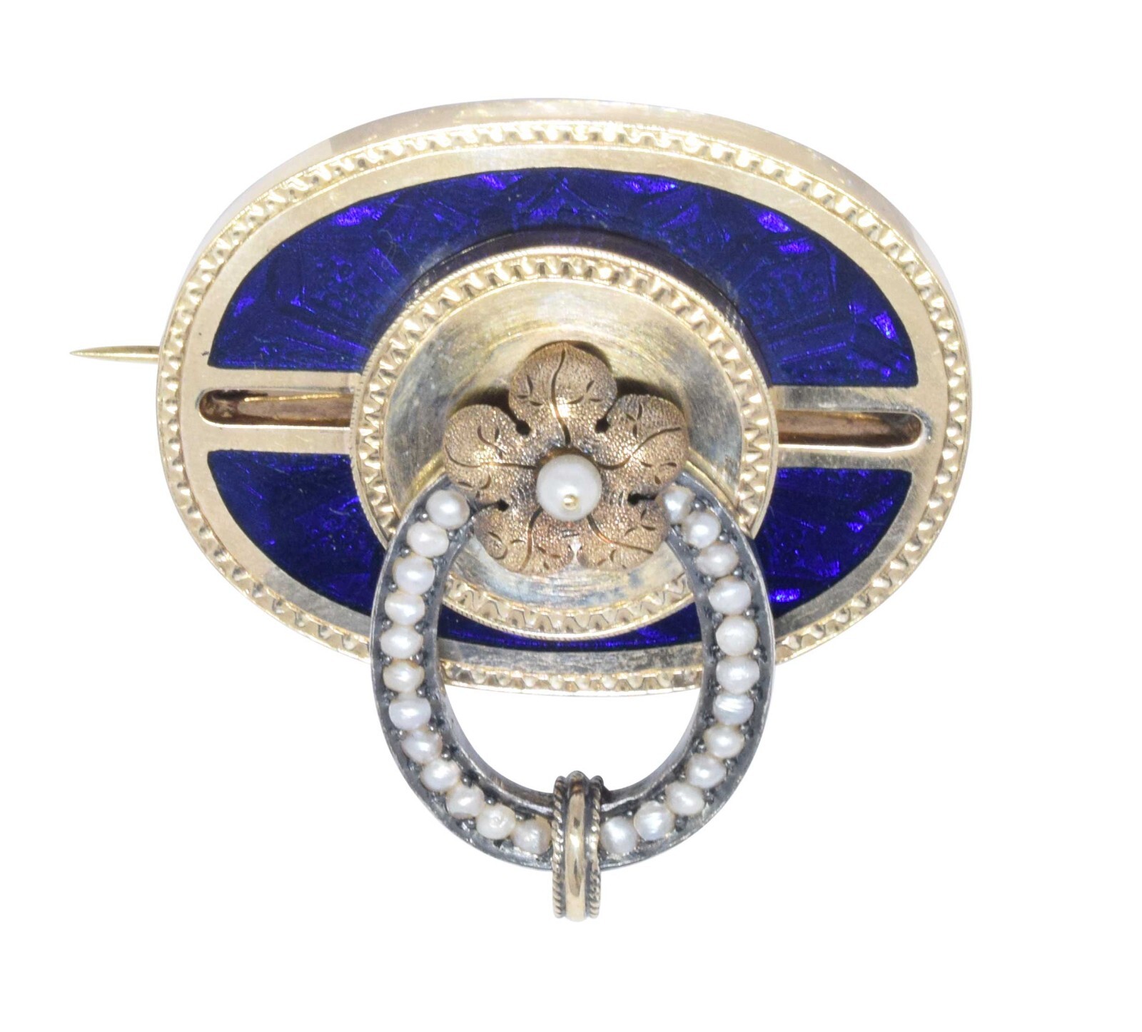 14K Yellow Gold Vintage Pearl & Enamel Brooch