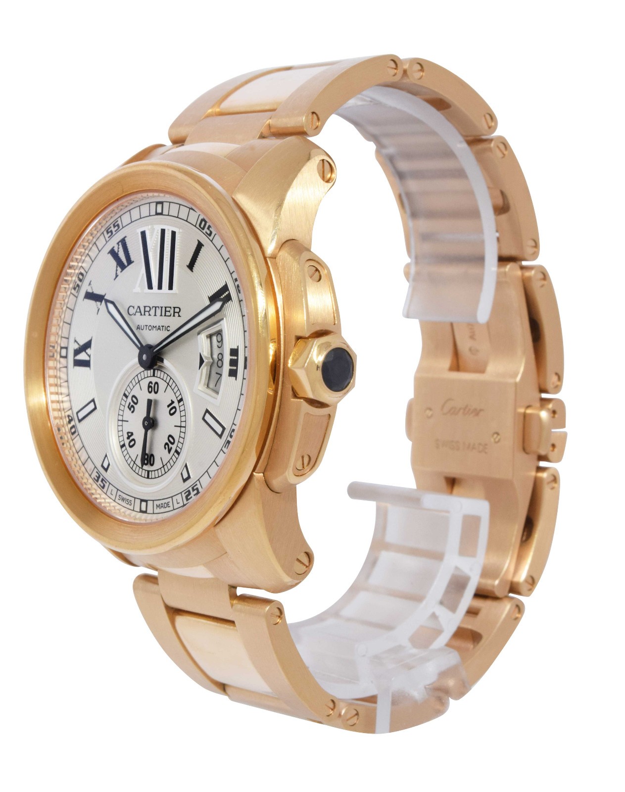 Cartier Calibre 18k Rose Gold Silver Dial Mens 42mm Watch +Box W7100018 3300