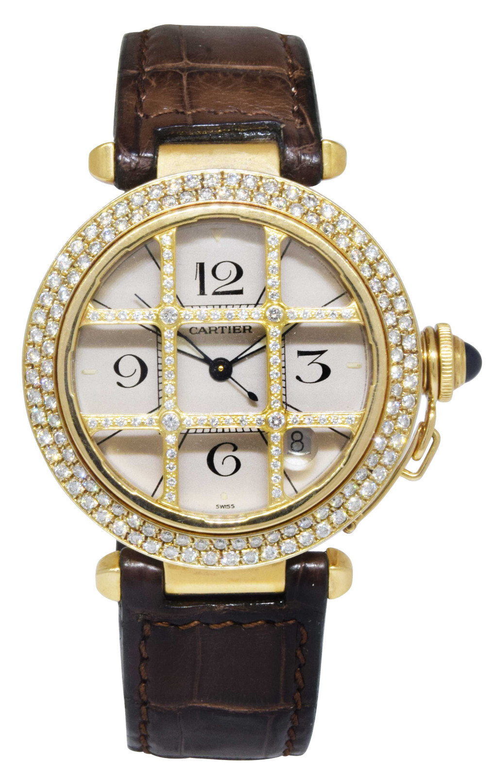 Cartier Pasha 38mm 18k YG Diamond Grid w/Ivory Dial Leather Automatic Watch 1988