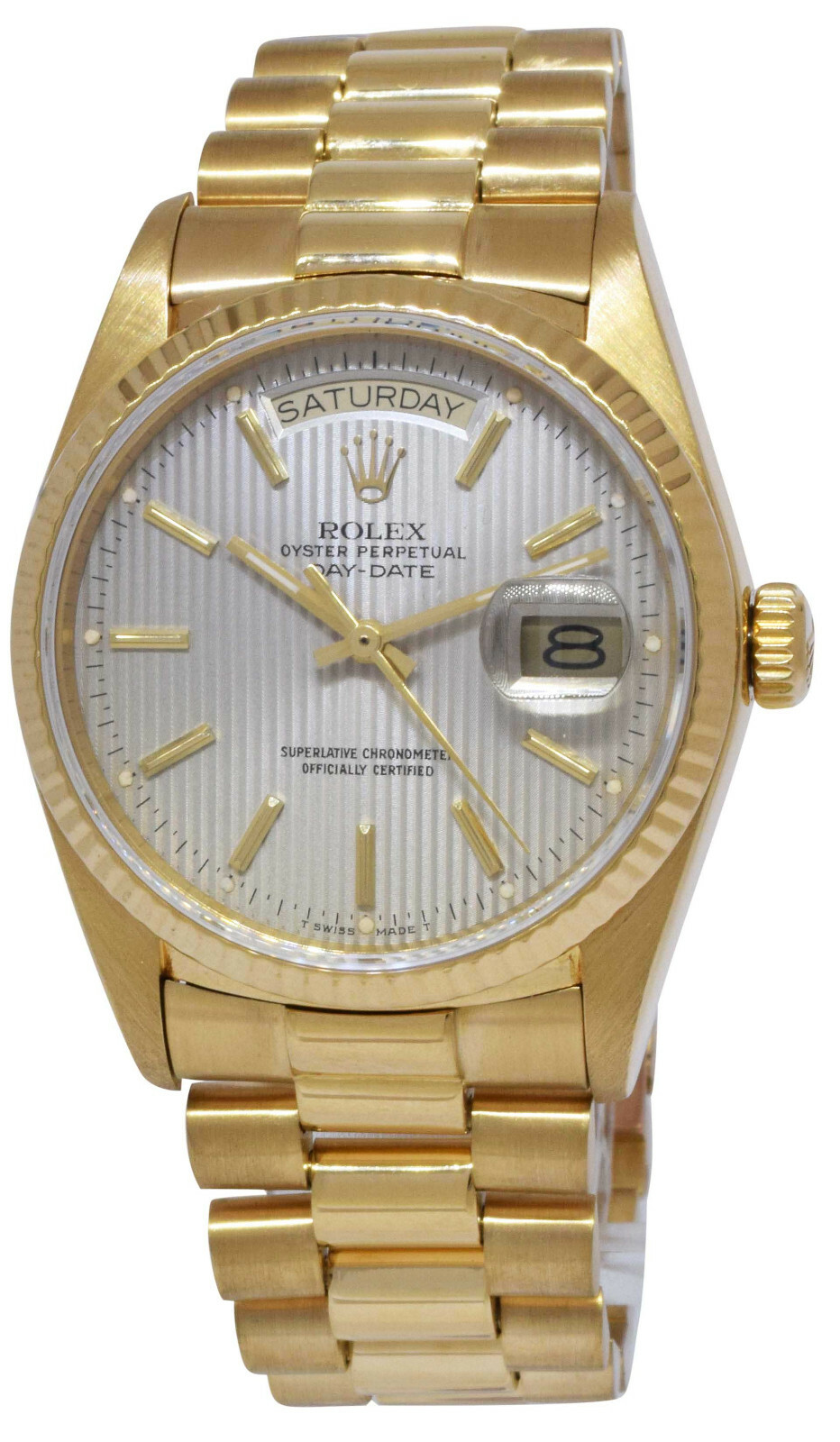 Rolex Day-Date President 18k Yellow Gold Silver Tapestry Dial 36mm Watch R 18038
