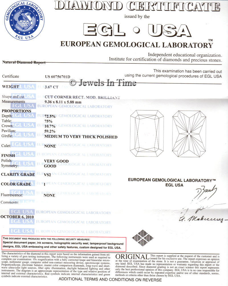 3.67 Carat Diamond Platinum Ladies Ring Size 6.5 + EGL Certificate