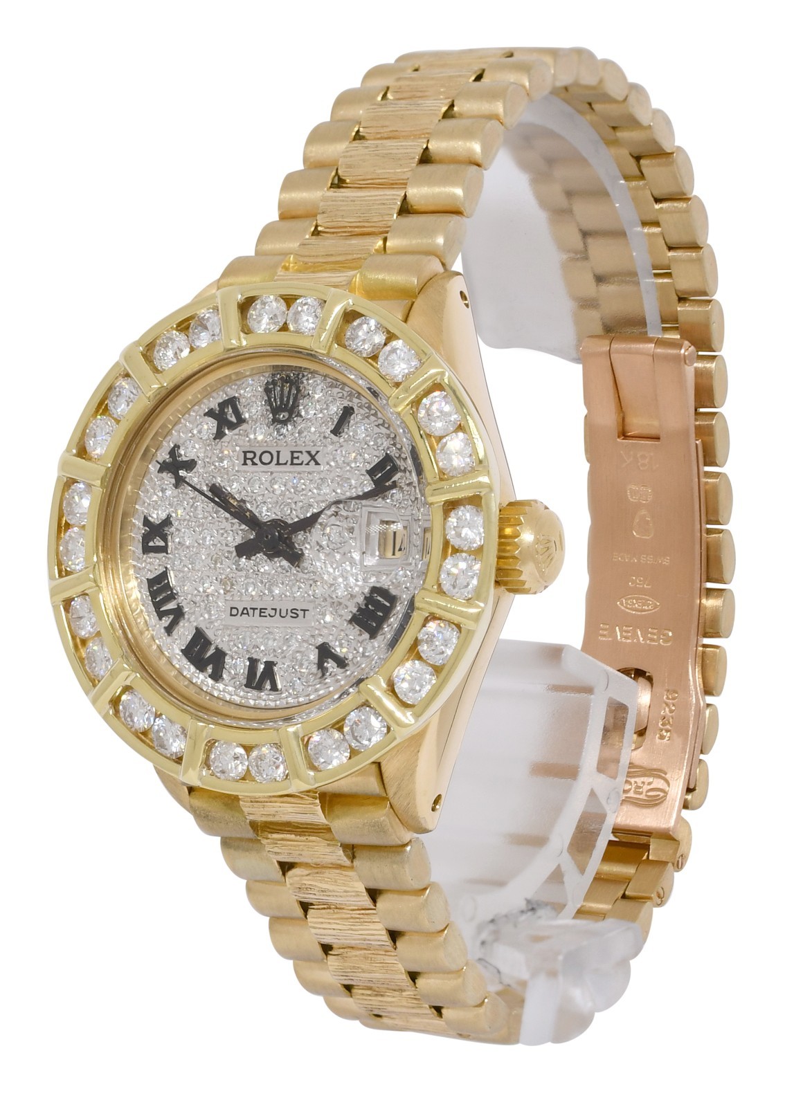 Rolex Datejust President 18k Yellow Gold Bark Pave Diamond 26mm Watch '79 6927