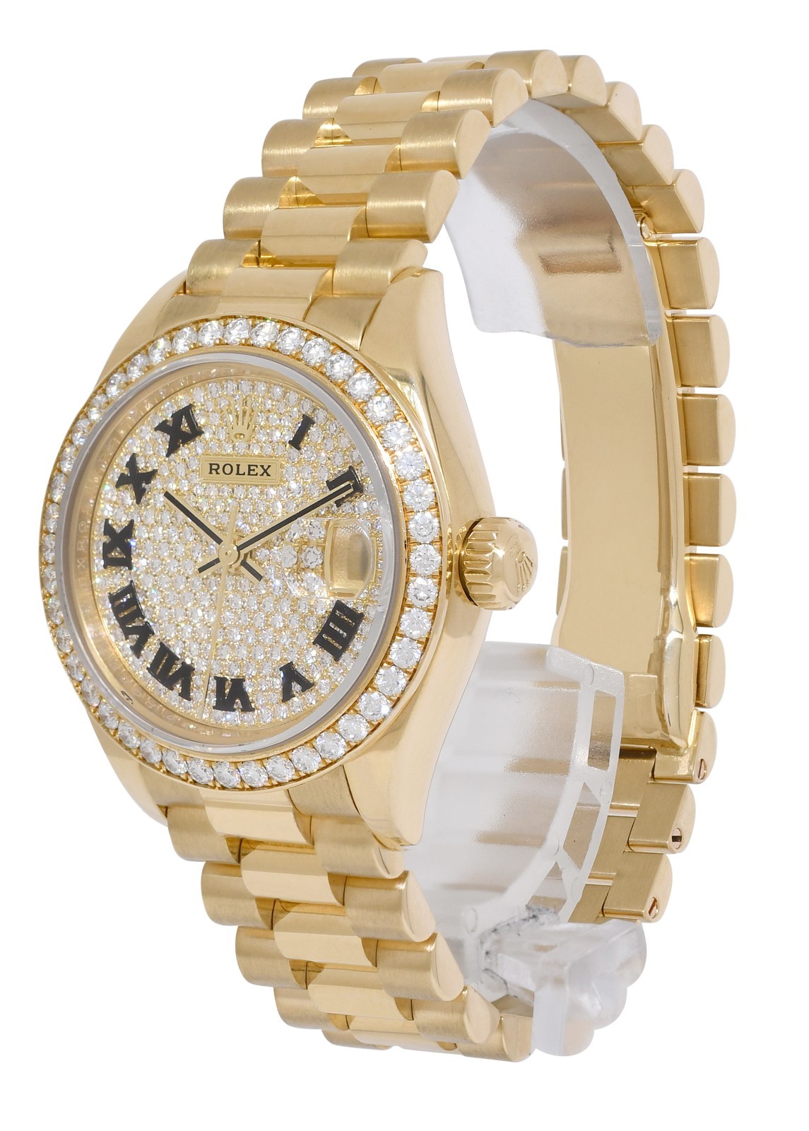 Rolex Datejust 28 President 18k Yellow Gold Pave Diamond Ladies Watch 279138RBR