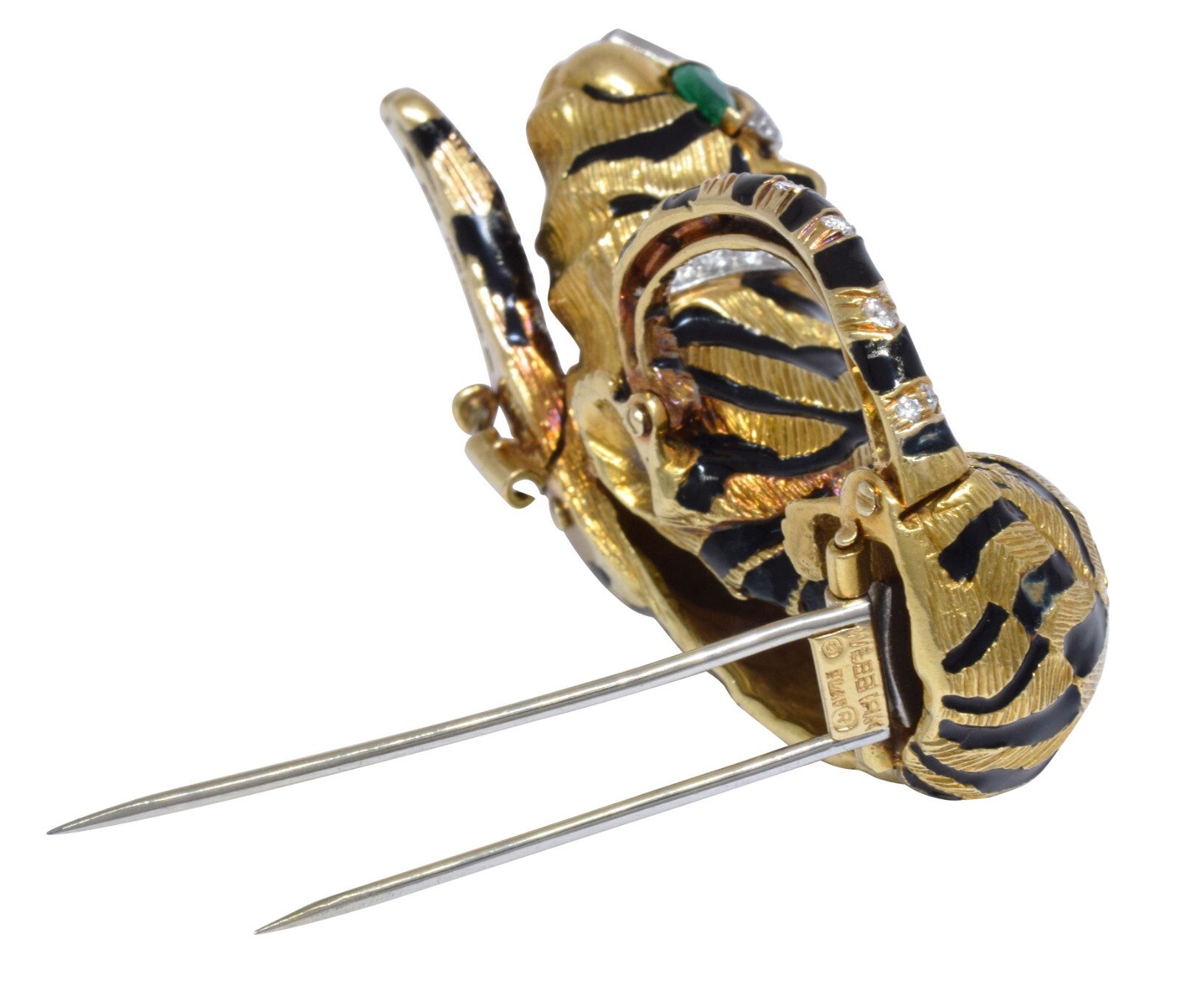 David Webb Tiger 18k Yellow Gold Black Enamel Diamond & Green Emerald Brooch