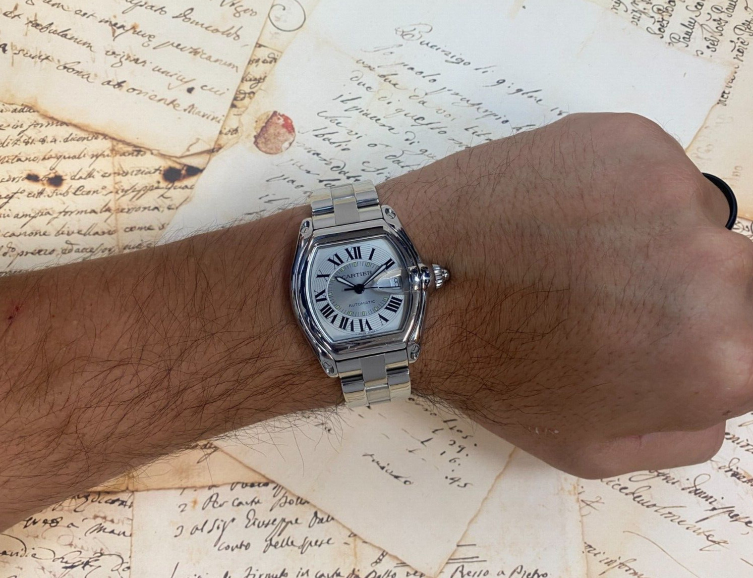 Cartier Roadster Stainless Steel Silver Roman Dial Mens Automatic Watch 2510